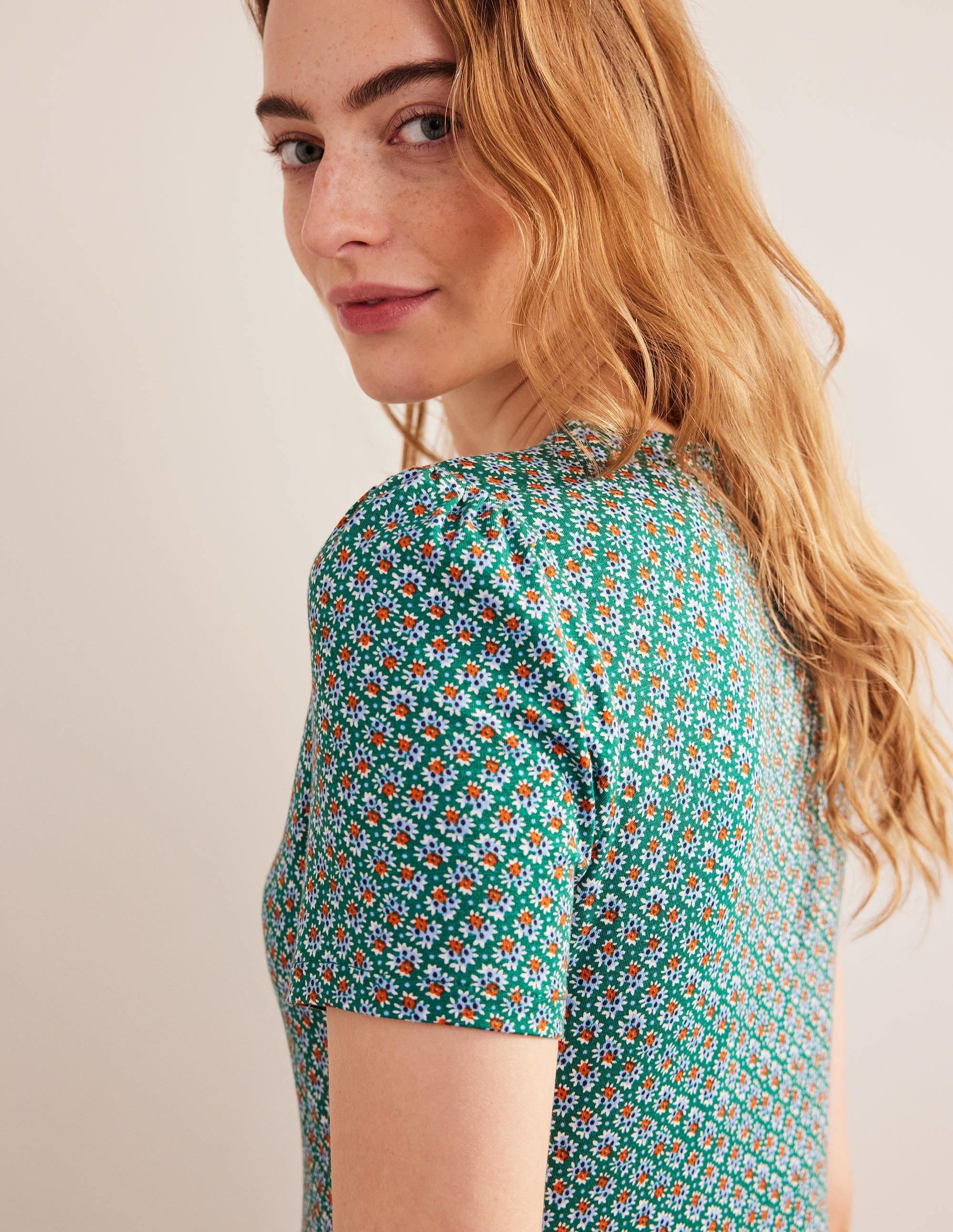 Emma Tiered Jersey Midi Dress-Bottle Green, Bloom Bud - Image 3