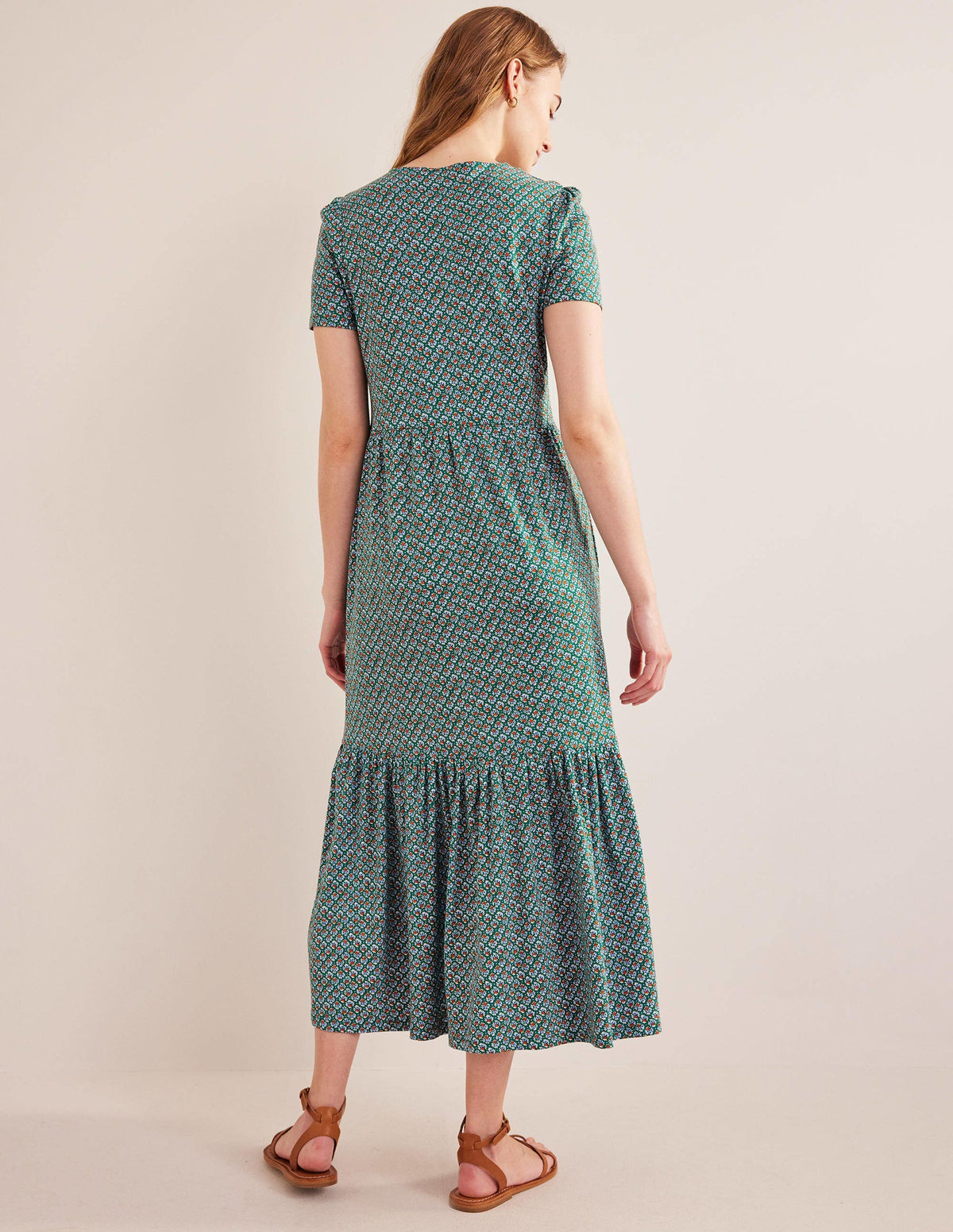 Emma Tiered Jersey Midi Dress-Bottle Green, Bloom Bud-4