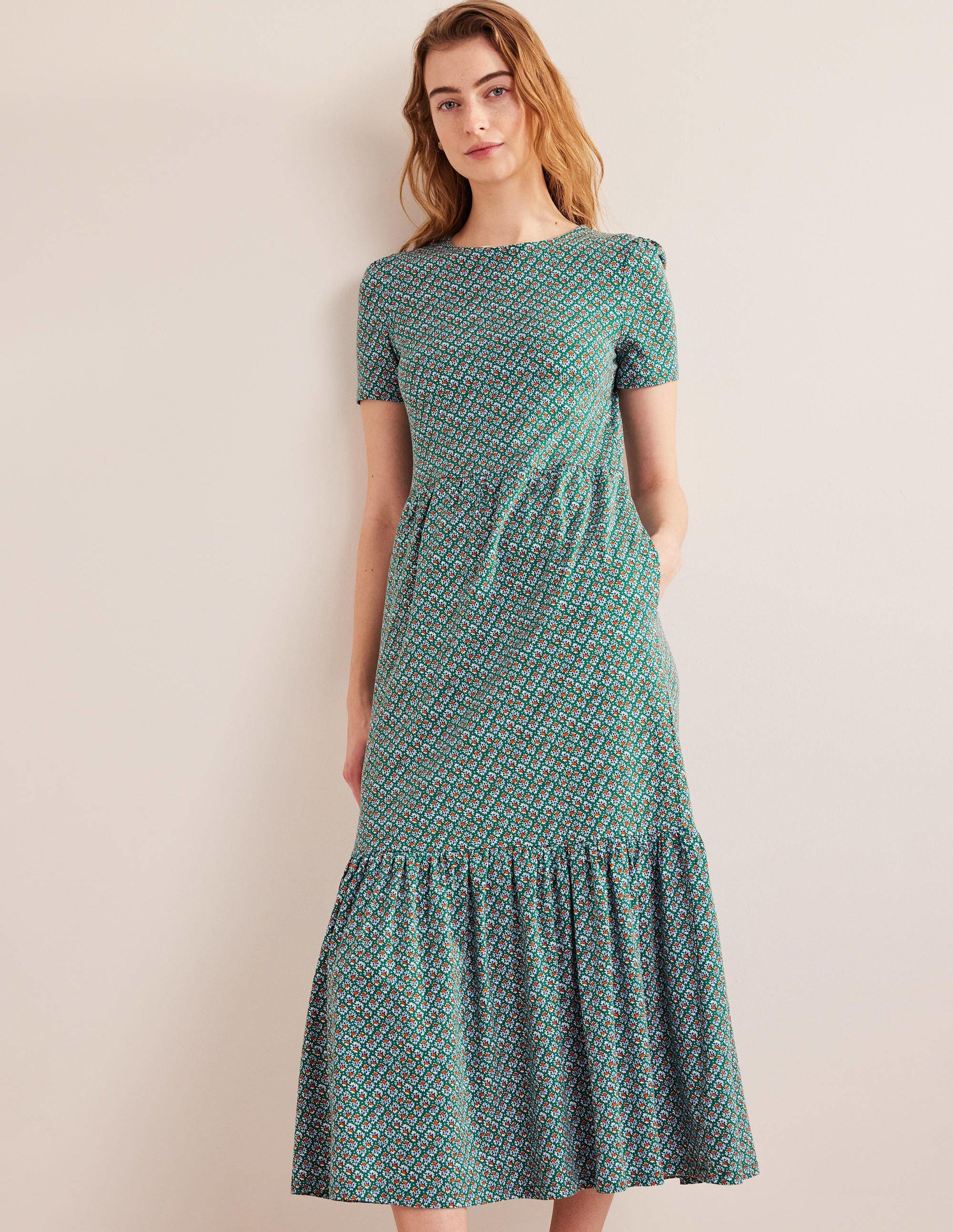 Emma Tiered Jersey Midi Dress-Bottle Green, Bloom Bud-5
