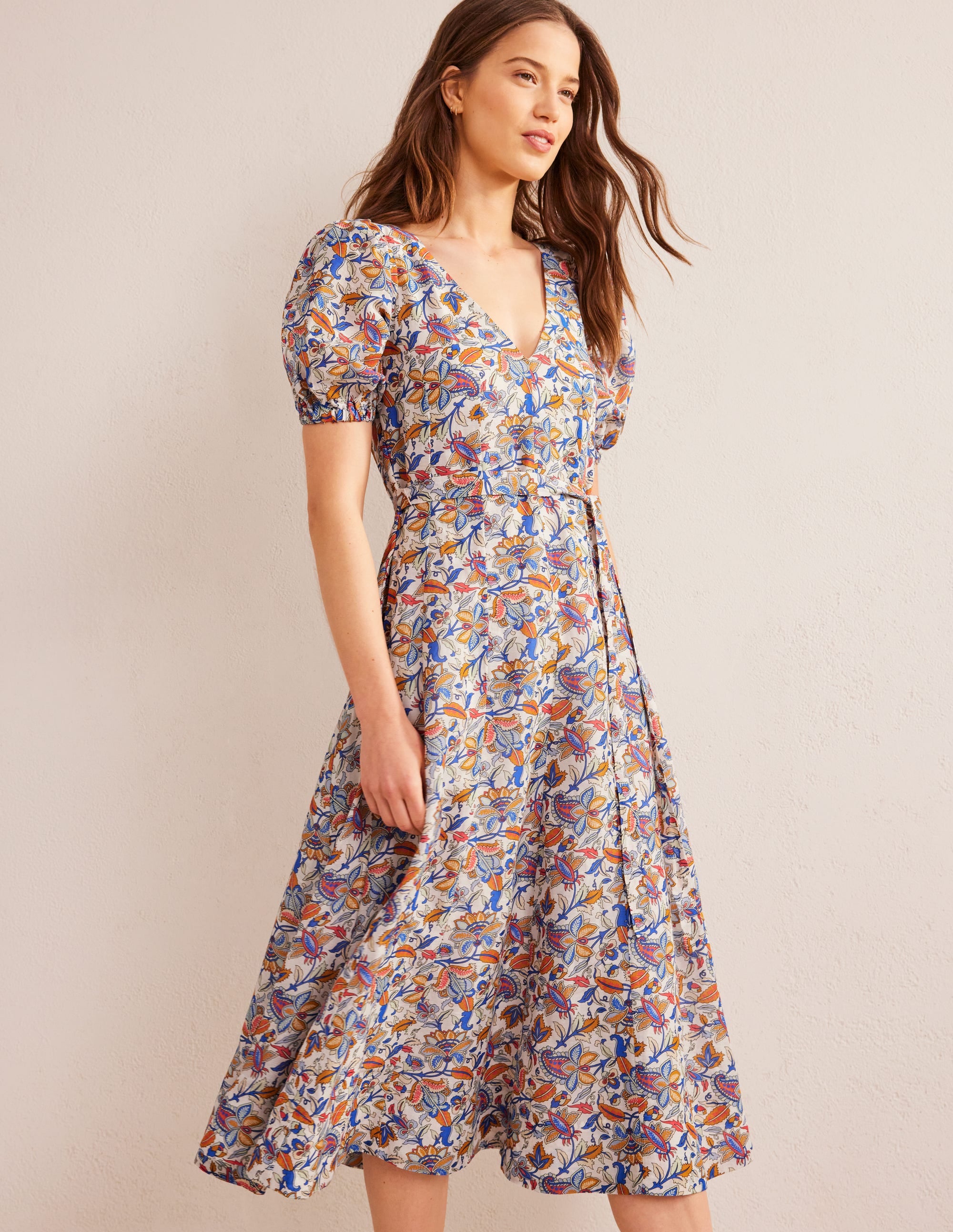 Full Skirt Panelled Midi Dress-Nebulas Blue, Paisley Vine - Image 1