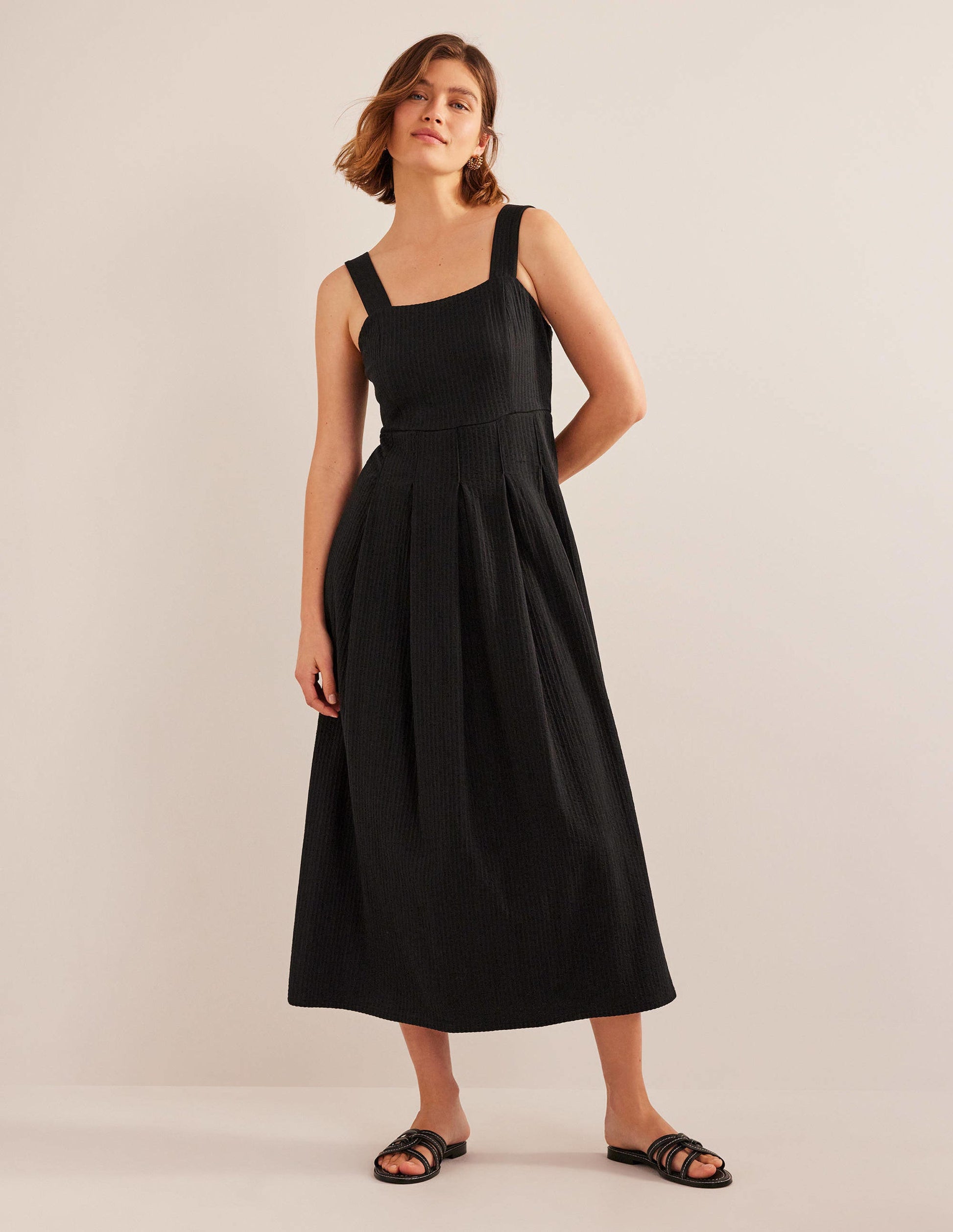 Strappy Seersucker Midi Dress-Black-1
