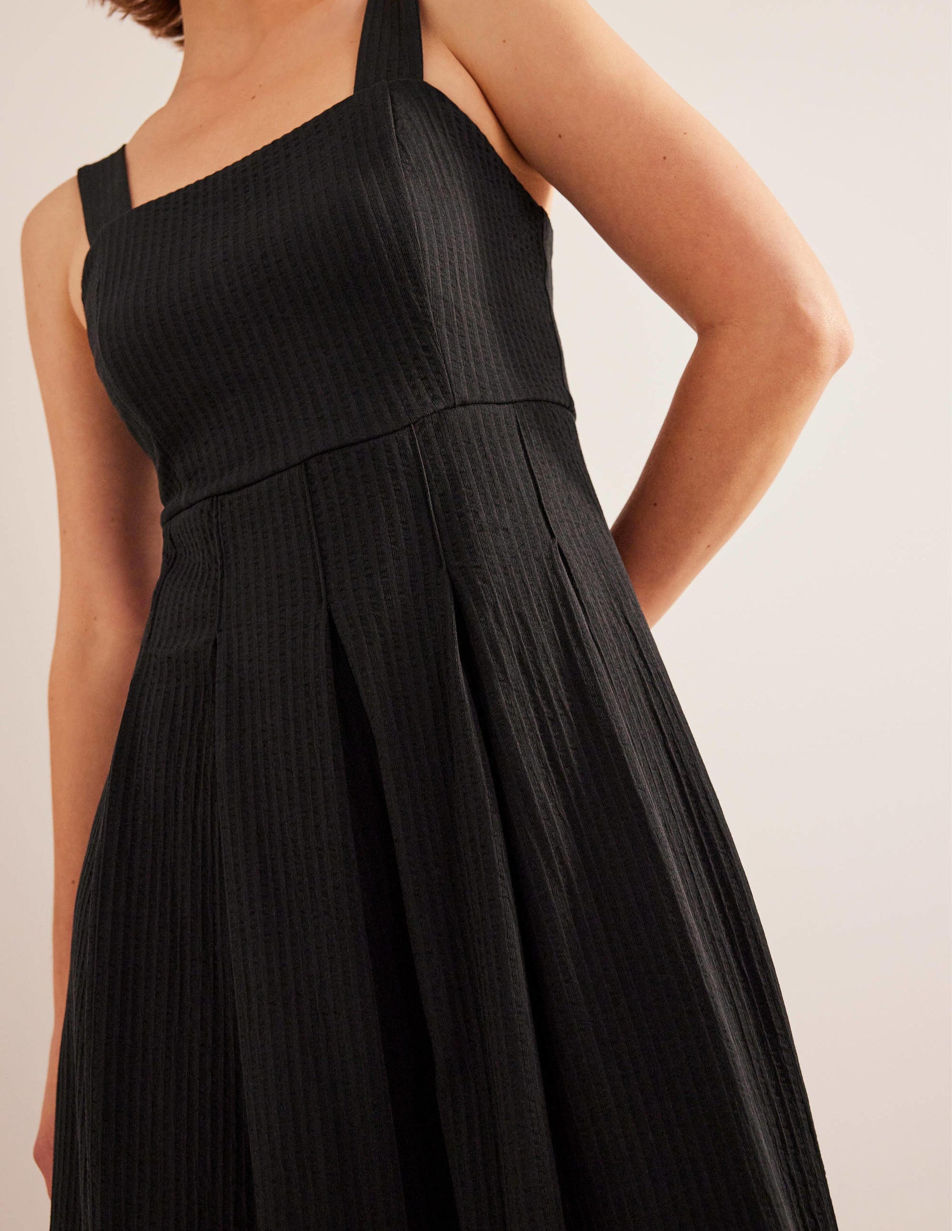 Strappy Seersucker Midi Dress-Black-2