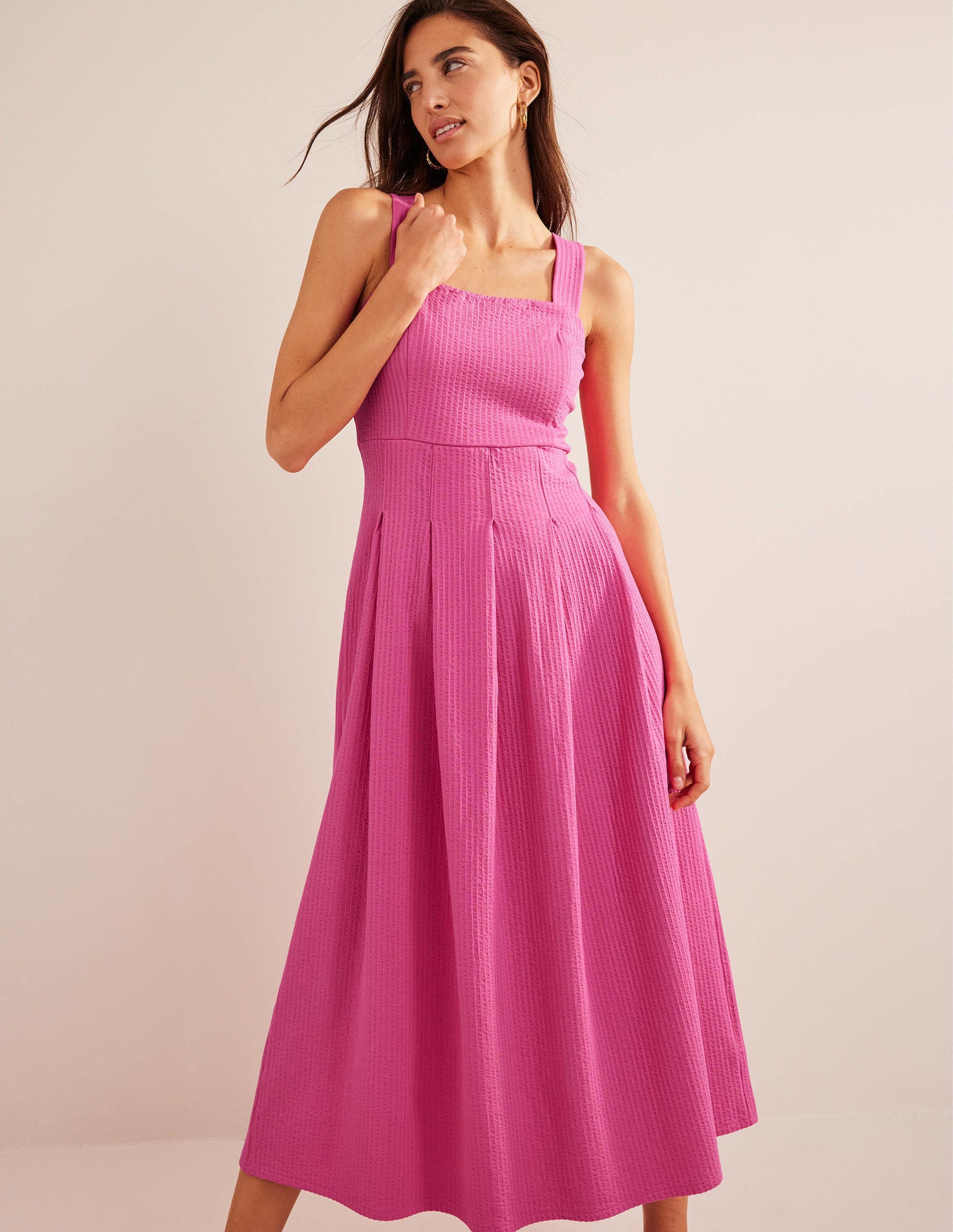 Strappy Seersucker Midi Dress-Festival Pink-1