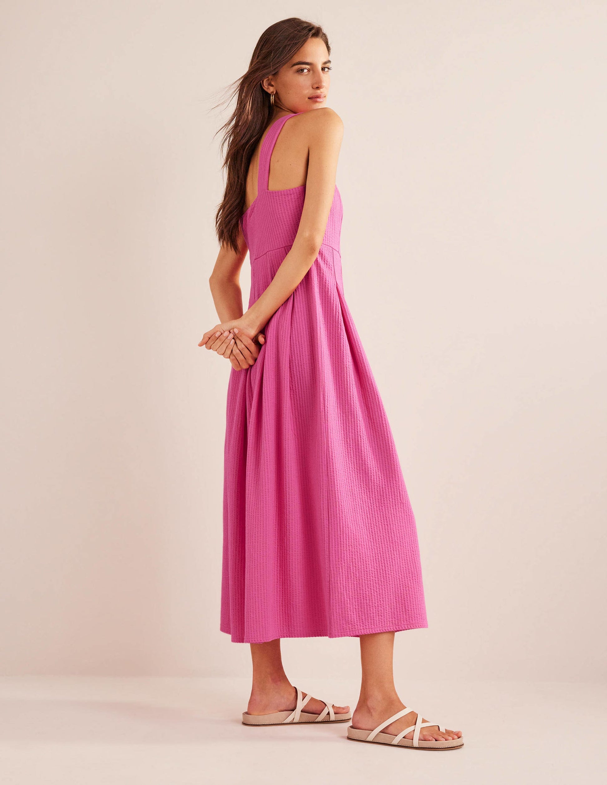 Strappy Seersucker Midi Dress-Festival Pink-3
