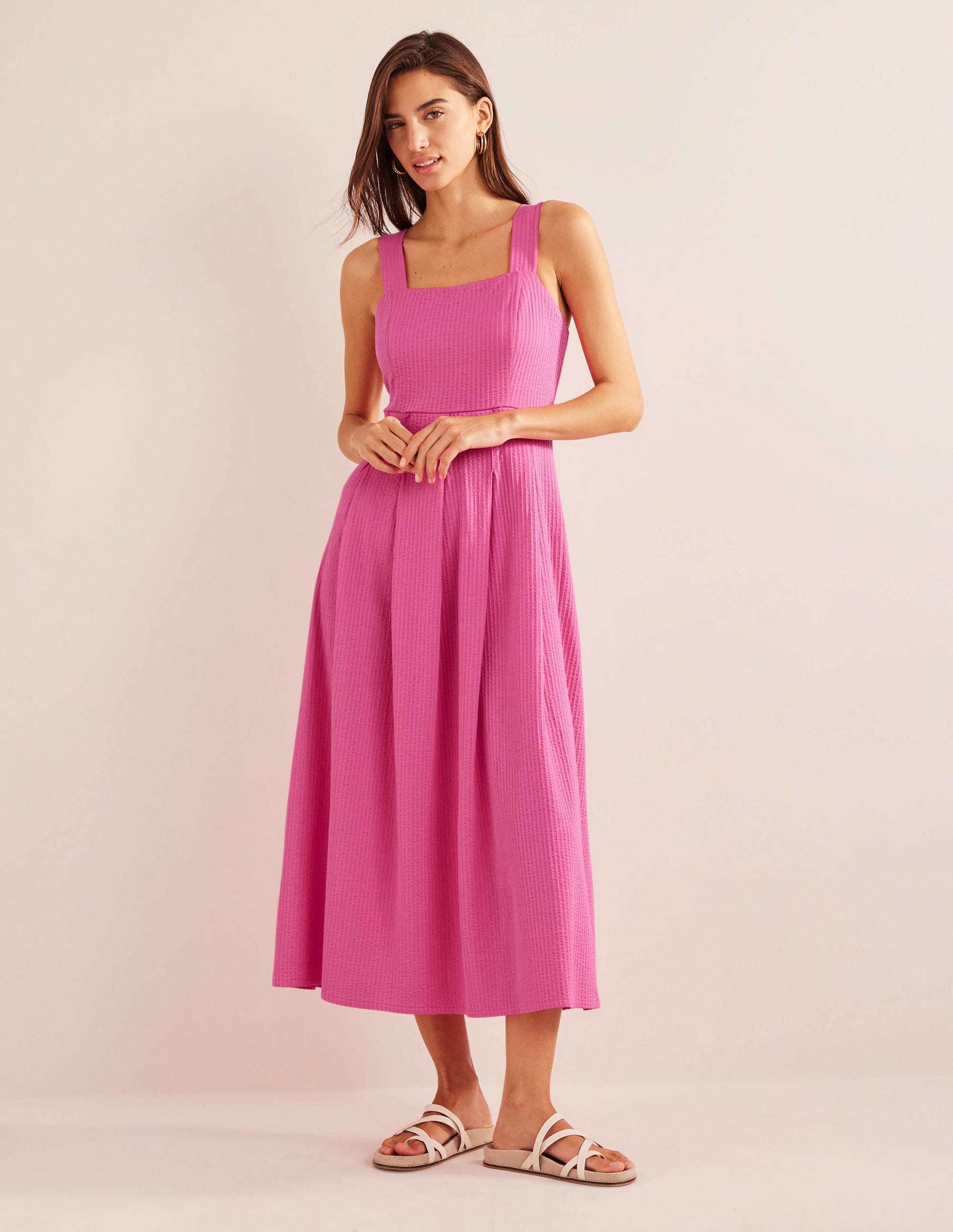Strappy Seersucker Midi Dress-Festival Pink-4