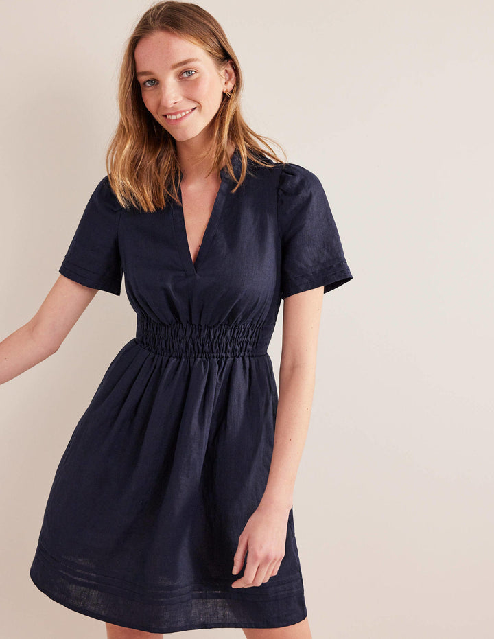 Pintuck Detail Mini Dress-Navy
