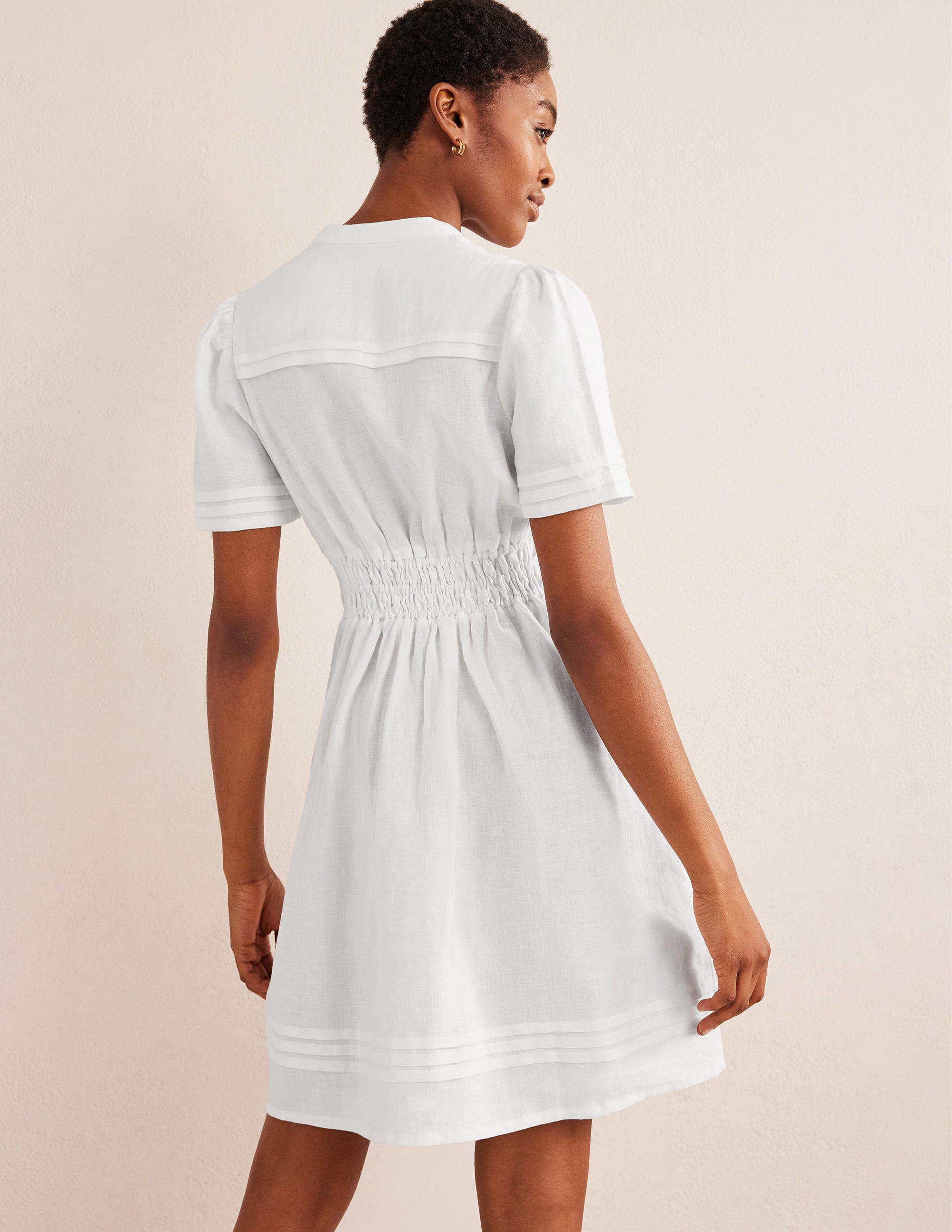 Pintuck Detail Mini Dress-White - Image 3