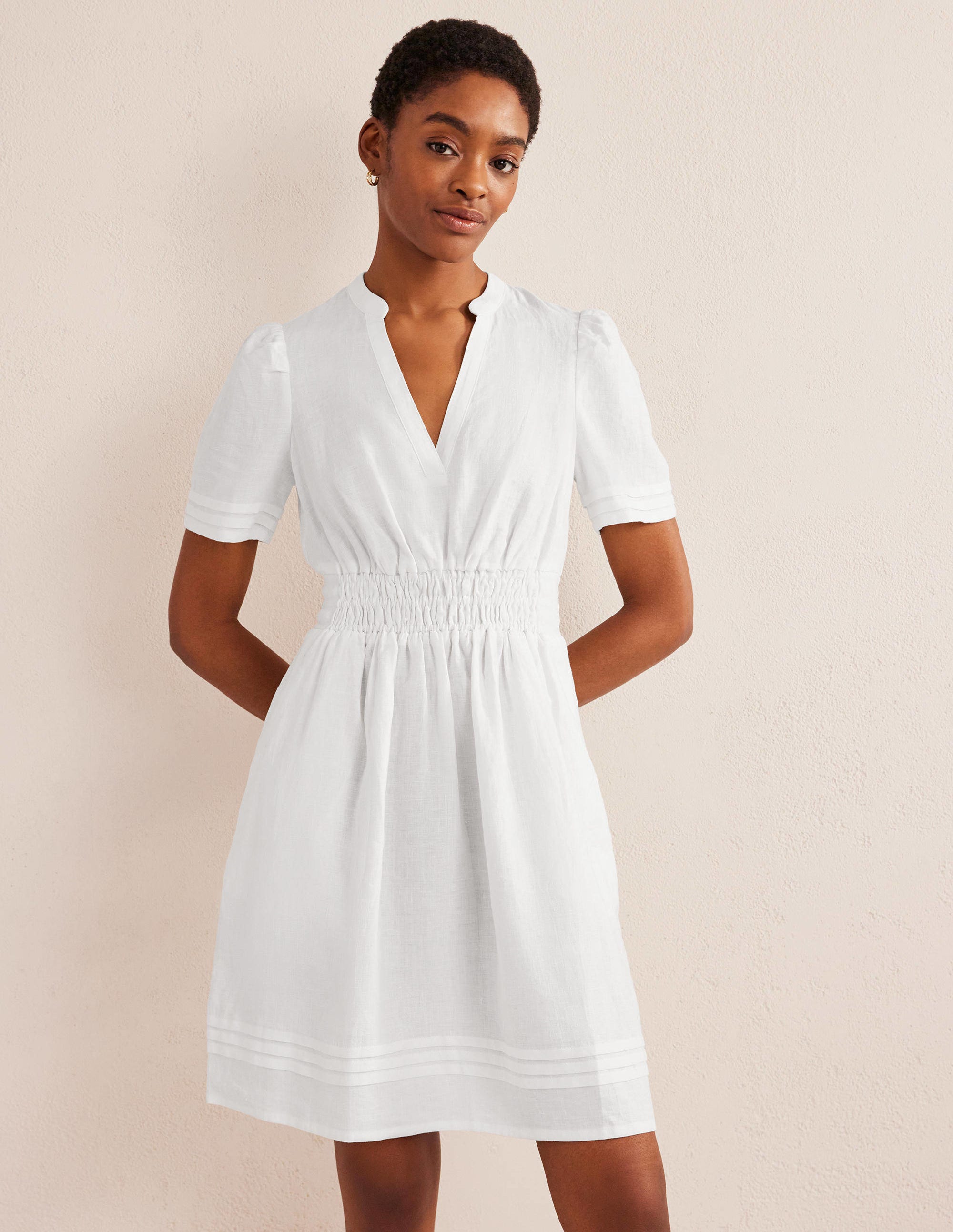 Pintuck Detail Mini Dress-White - Image 4