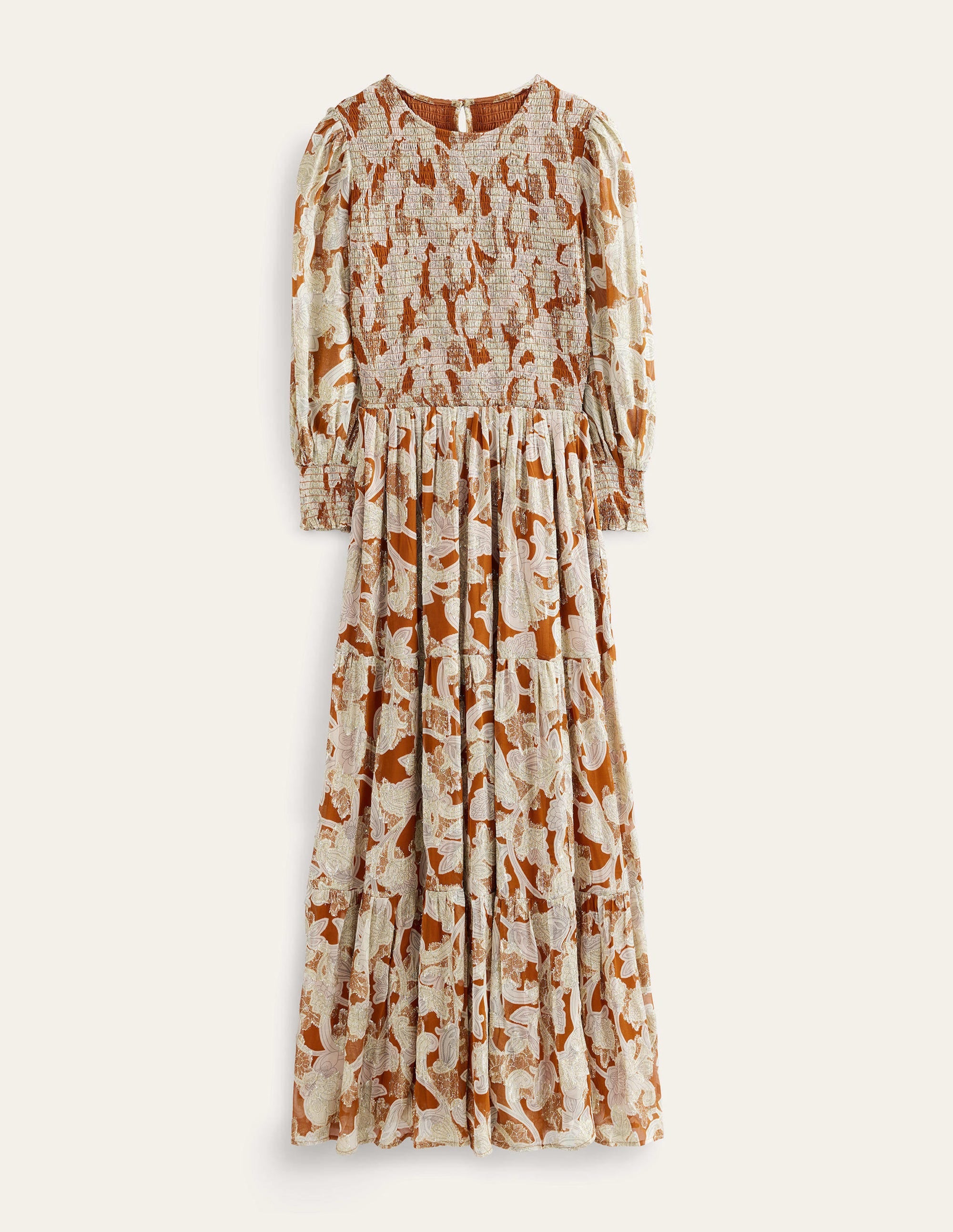 Smocked Metallic Maxi Dress-Rust, Paisley Whirl - Image 7