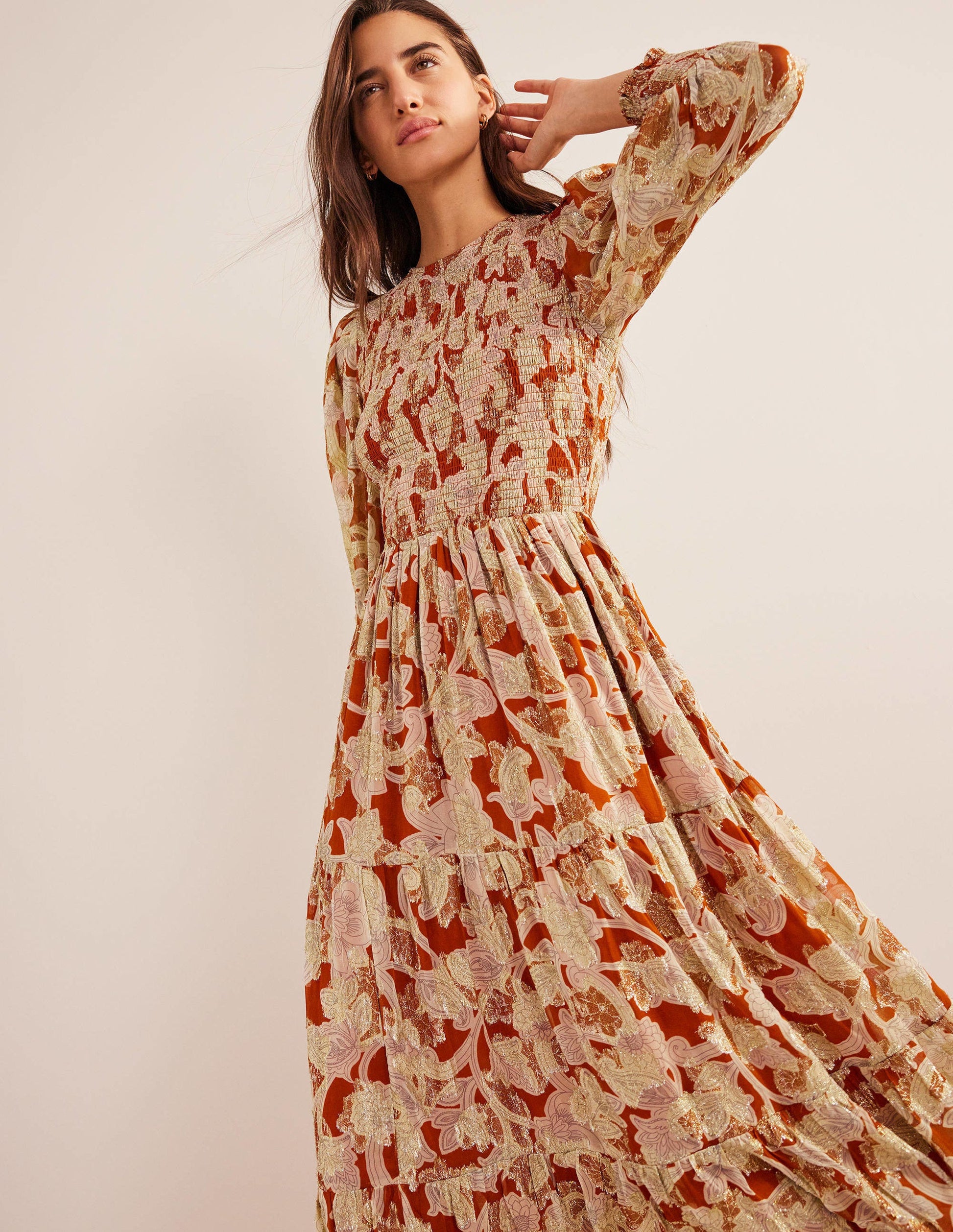 Smocked Metallic Maxi Dress-Rust, Paisley Whirl-1