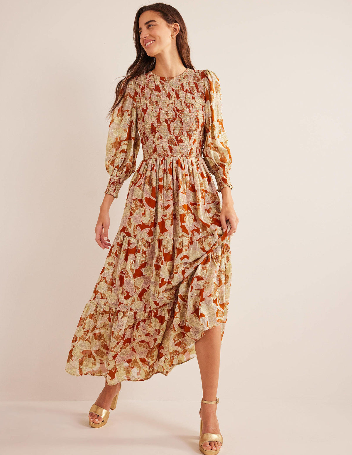 Smocked Metallic Maxi Dress-Rust, Paisley Whirl-2