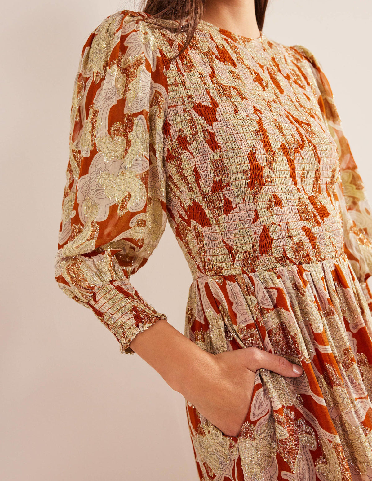 Smocked Metallic Maxi Dress-Rust, Paisley Whirl-3
