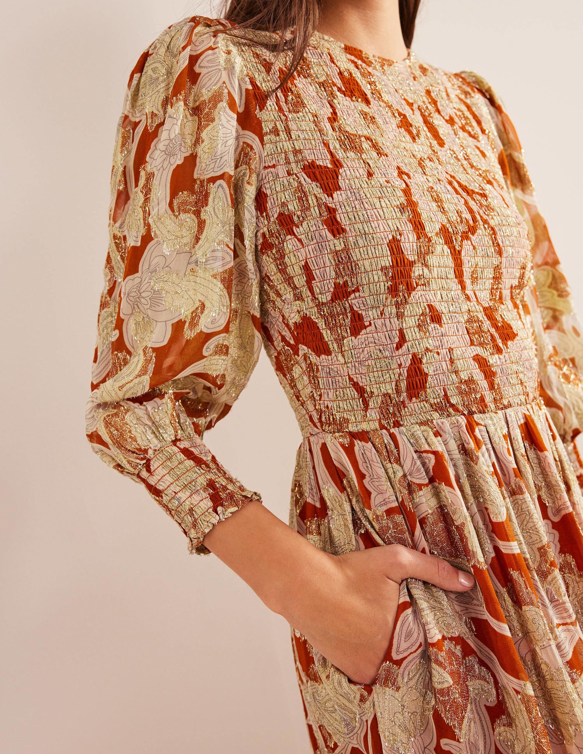 Smocked Metallic Maxi Dress-Rust, Paisley Whirl - Image 3