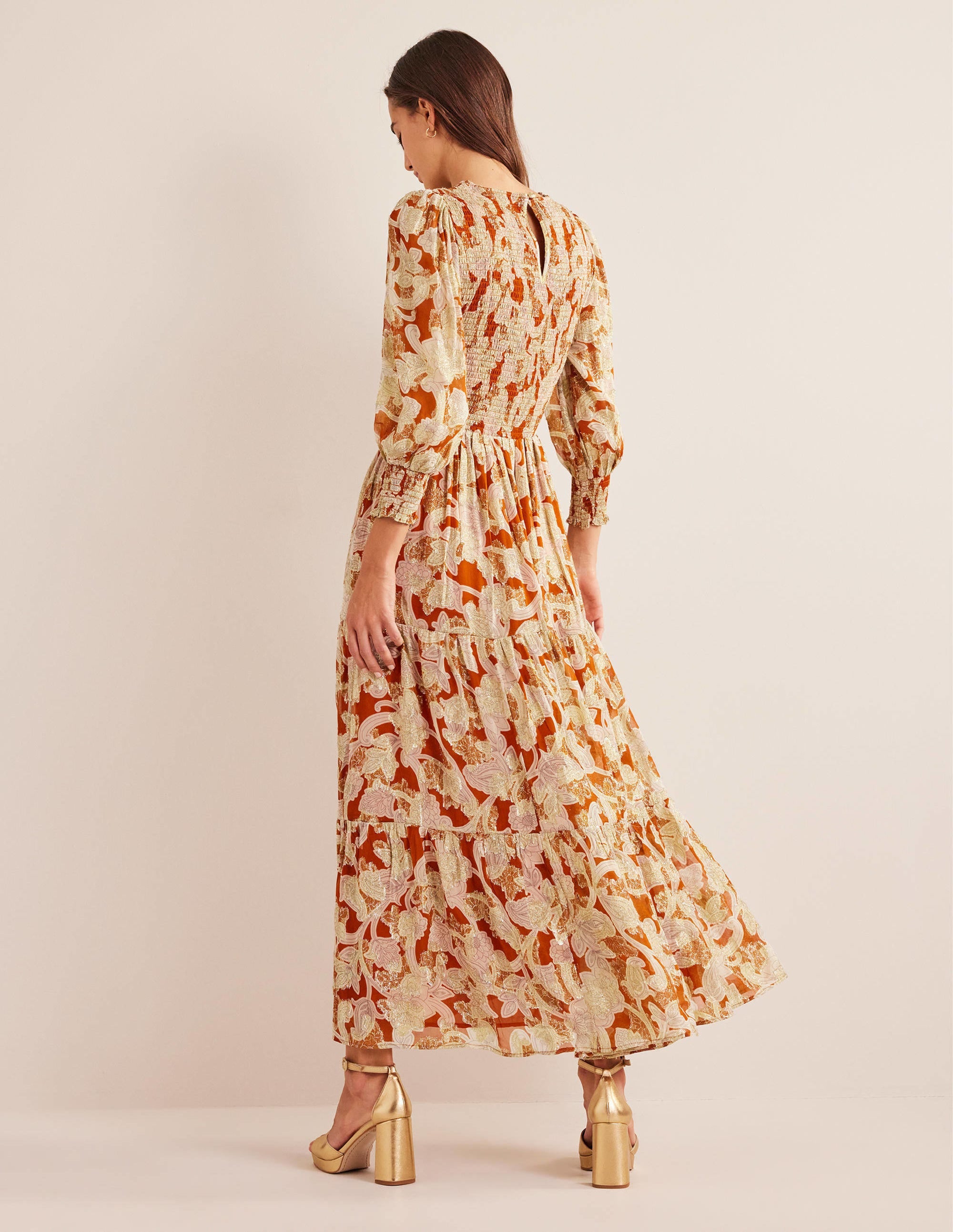 Smocked Metallic Maxi Dress-Rust, Paisley Whirl - Image 4