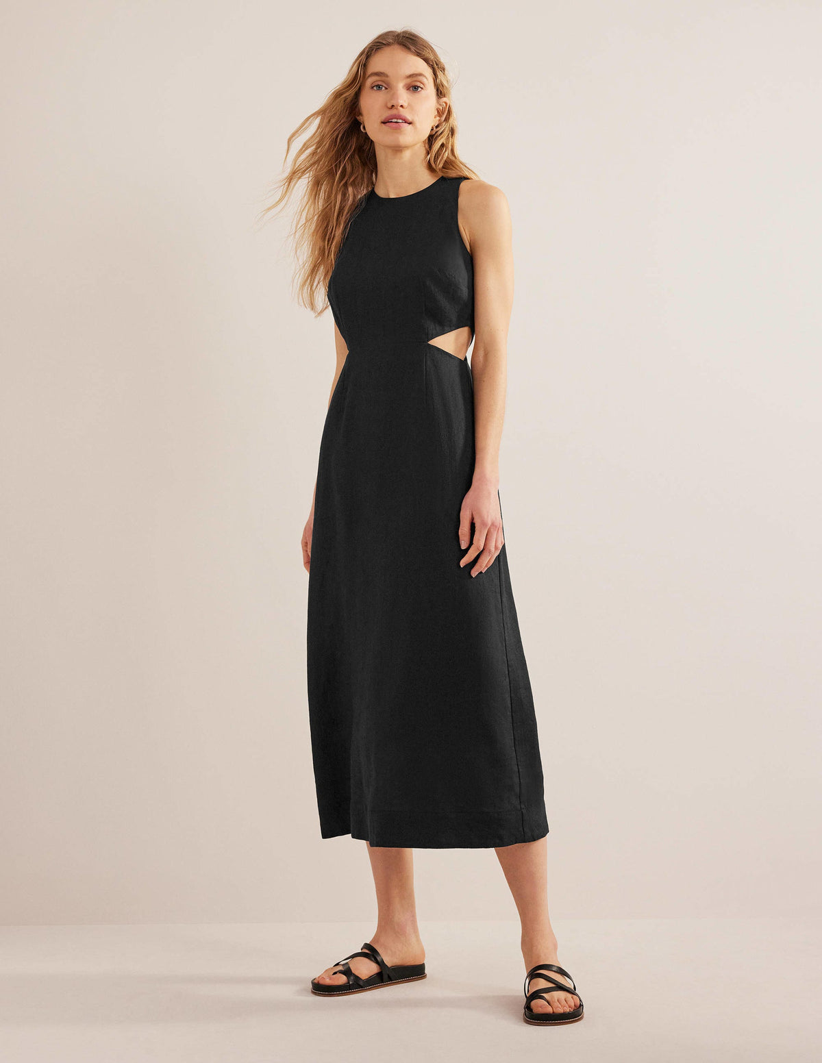 Cut Out Linen Midi Dress-Black - Image 1