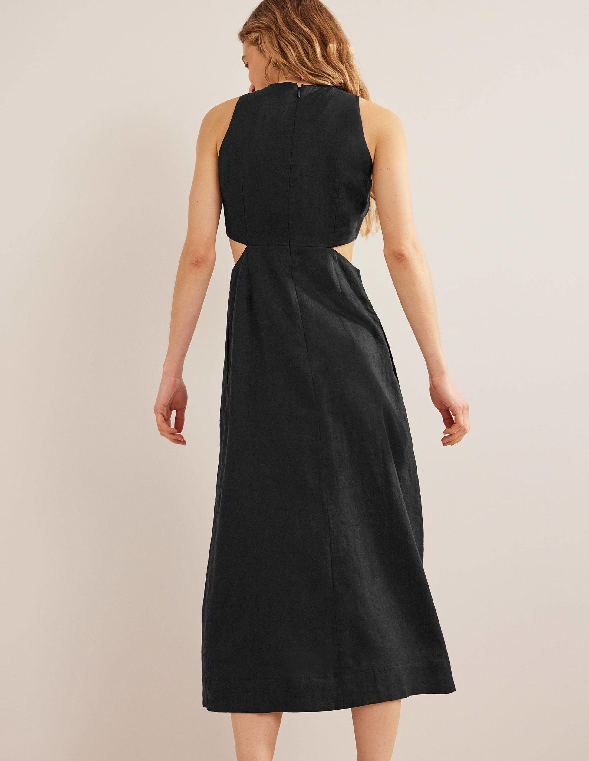 Cut Out Linen Midi Dress-Black-3