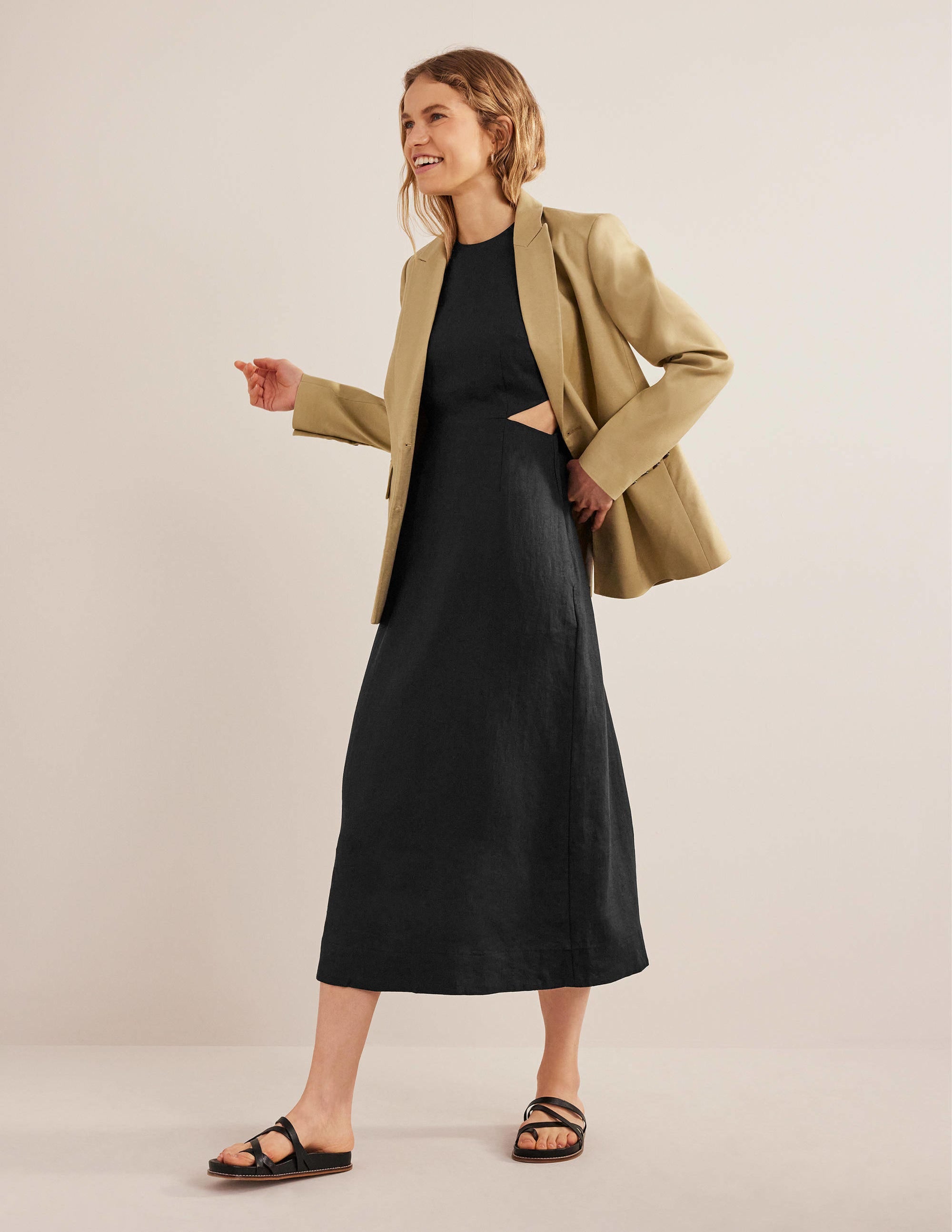 Cut Out Linen Midi Dress-Black - Image 4