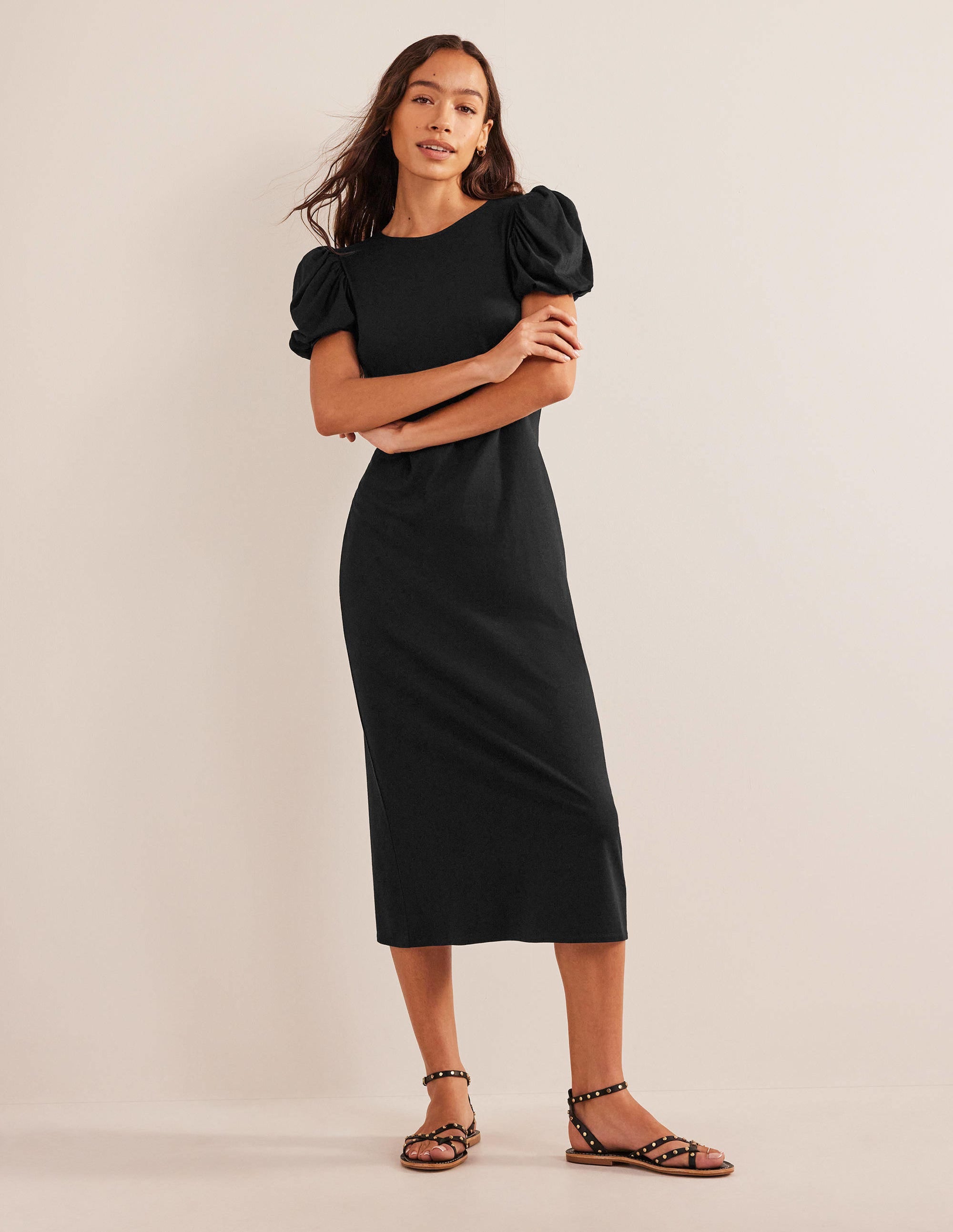 Puff Sleeve Jersey Midi Dress-Black - Image 1