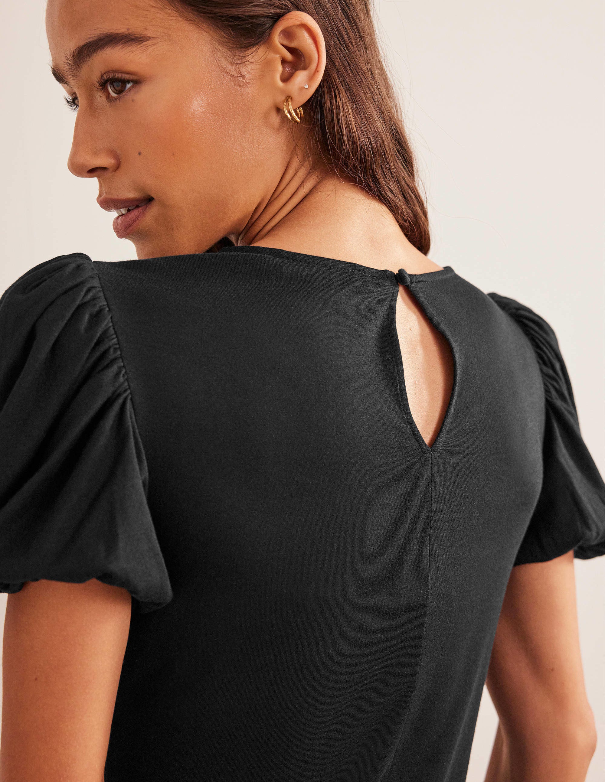 Puff Sleeve Jersey Midi Dress-Black - Image 2