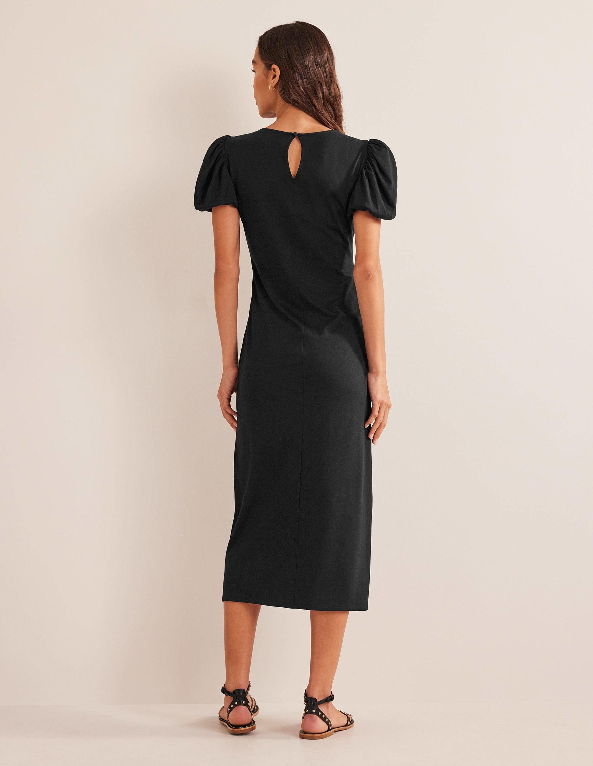 Puff Sleeve Jersey Midi Dress-Black-3