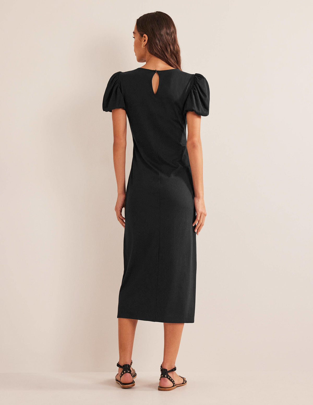 Puff Sleeve Jersey Midi Dress-Black - Image 3