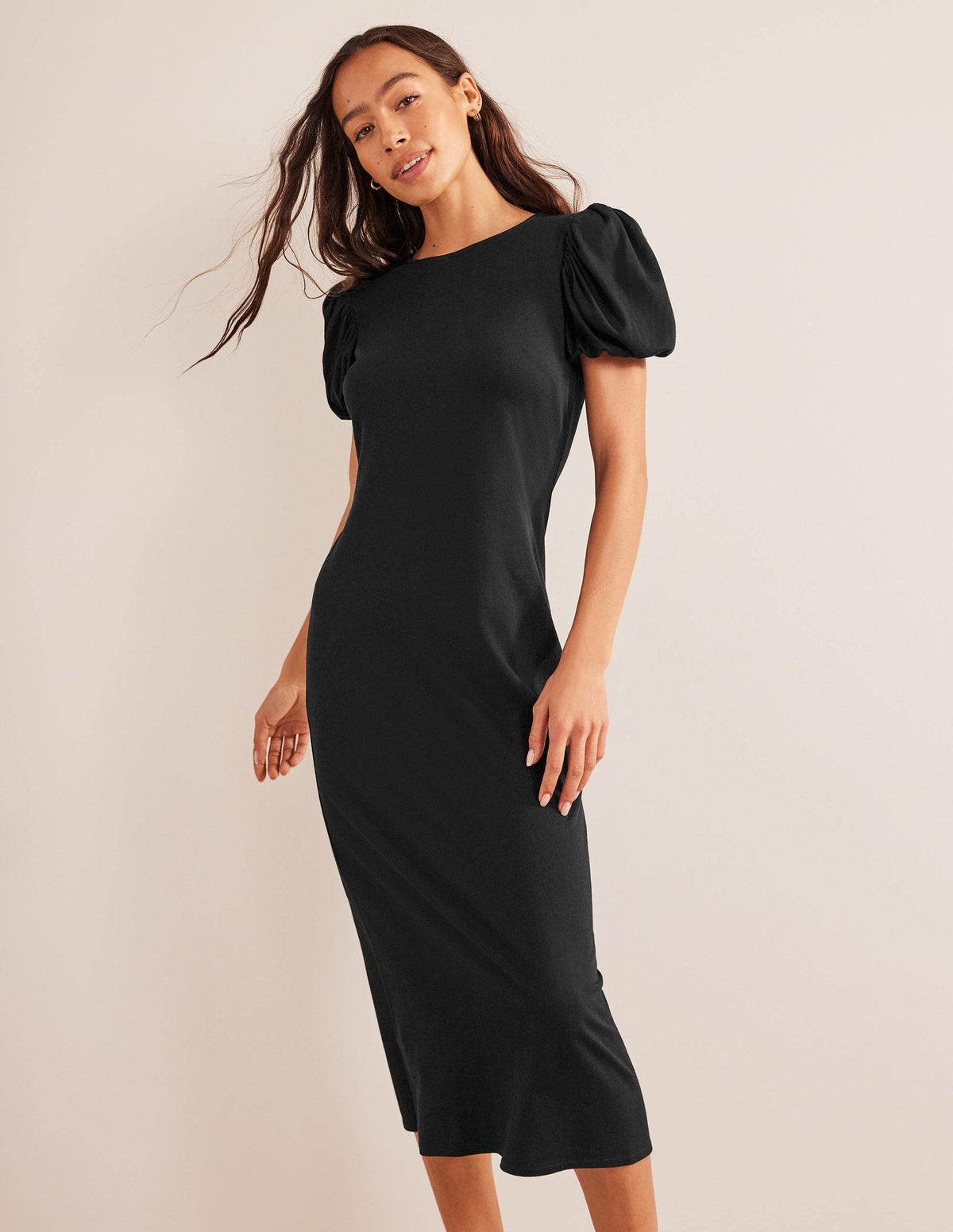 Puff Sleeve Jersey Midi Dress-Black - Image 5