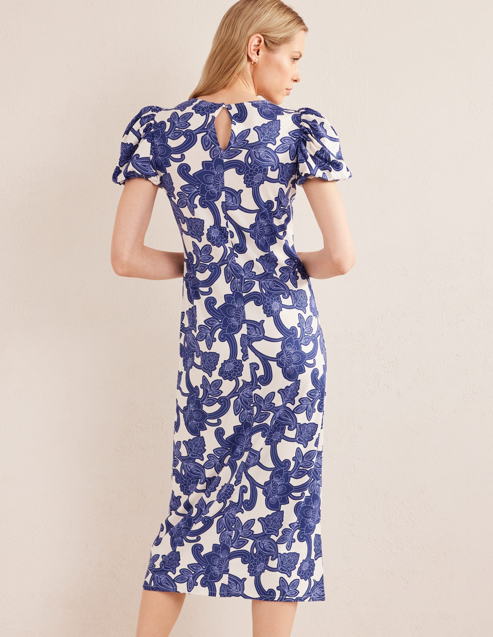 Puff Sleeve Jersey Midi Dress-Blue Ribbon, Paisley Whirl - Image 3