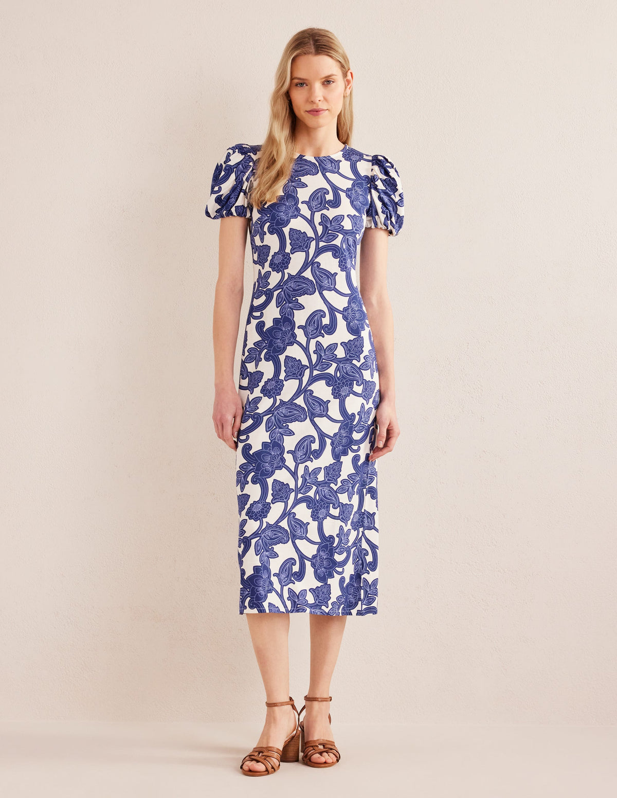 Puff Sleeve Jersey Midi Dress-Blue Ribbon, Paisley Whirl - Image 4