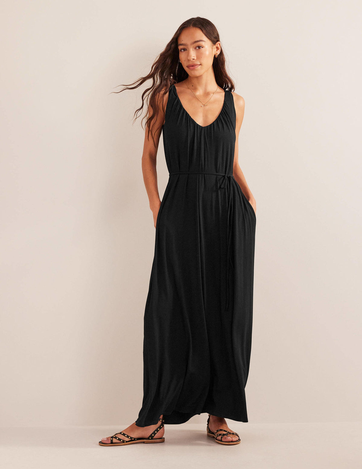 V-Neck Jersey Maxi Dress-Black-1
