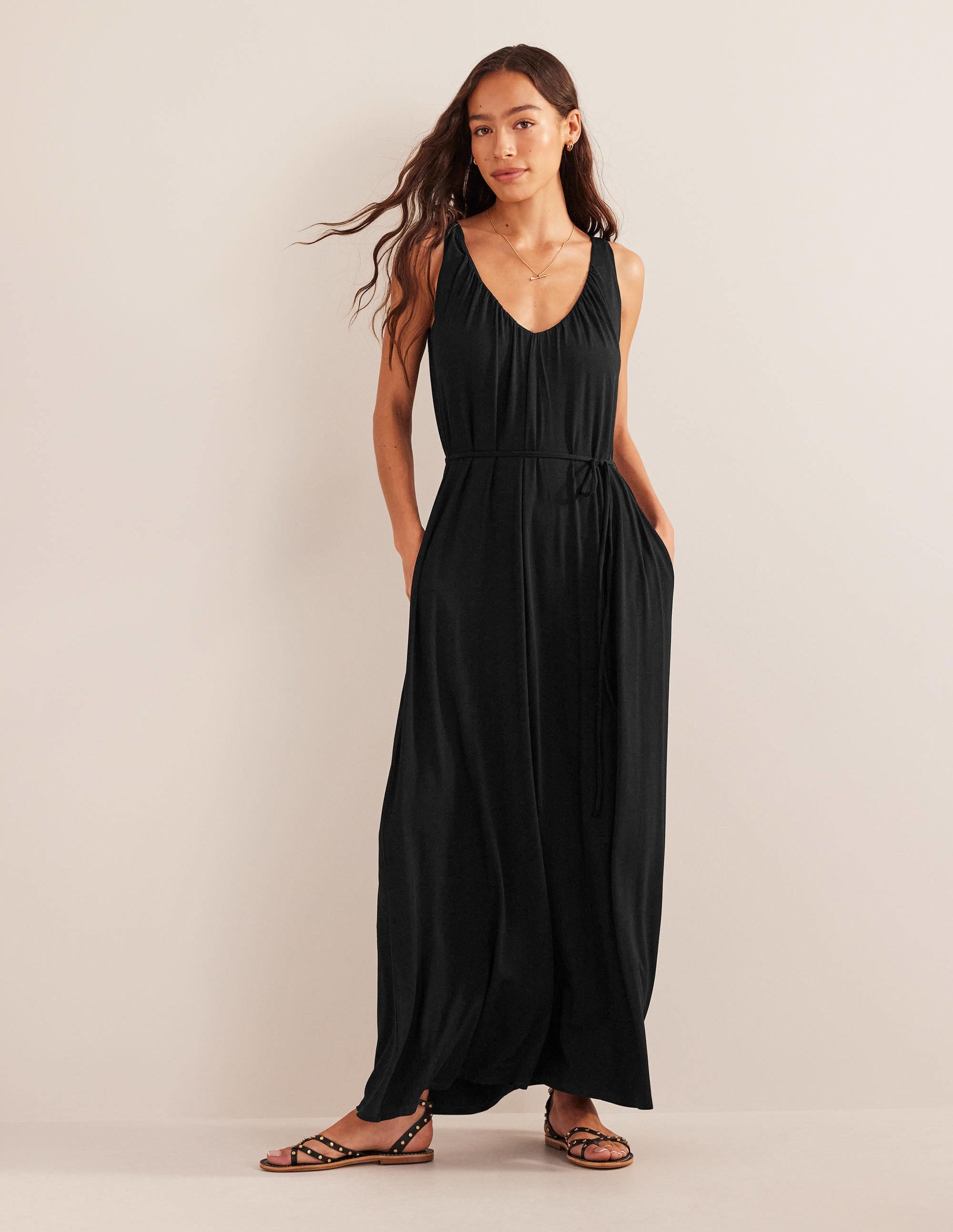 V-Neck Jersey Maxi Dress-Black - Image 1
