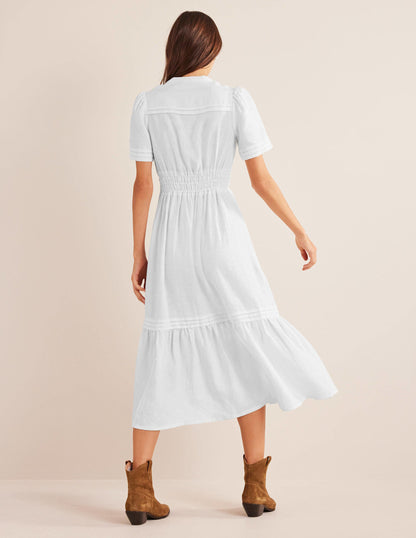 Pintuck Detail Midi Dress-White-3