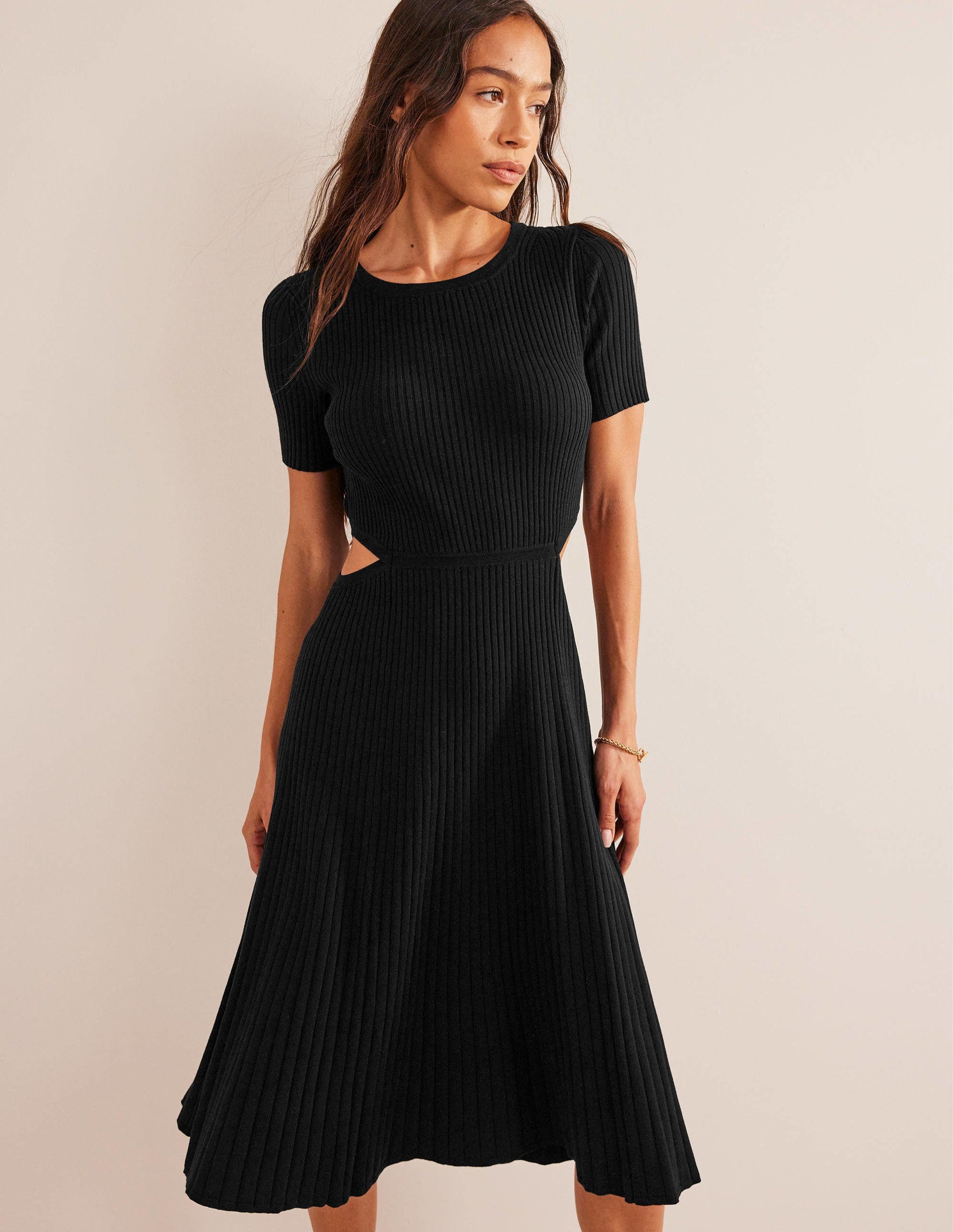 Cut Out Knitted Midi Dress-Black-4