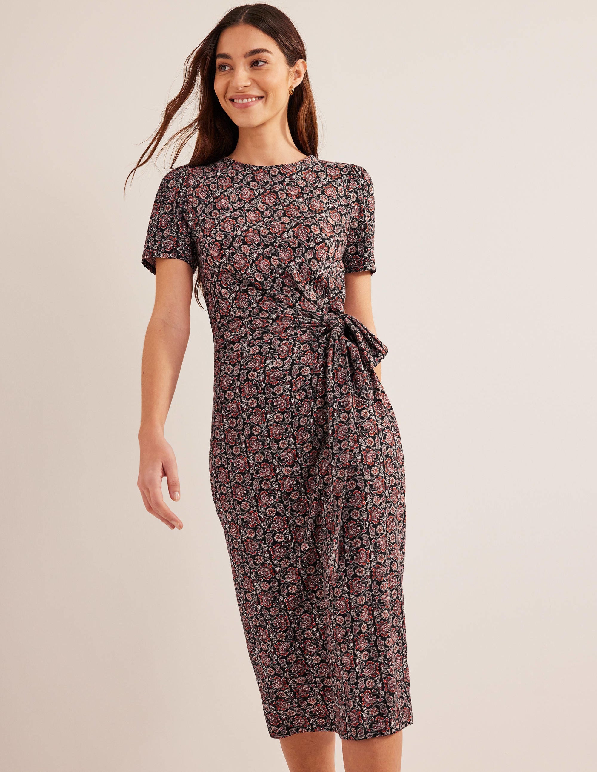 Knot Front Jersey Midi Dress-Black, Block Paisley - Image 1