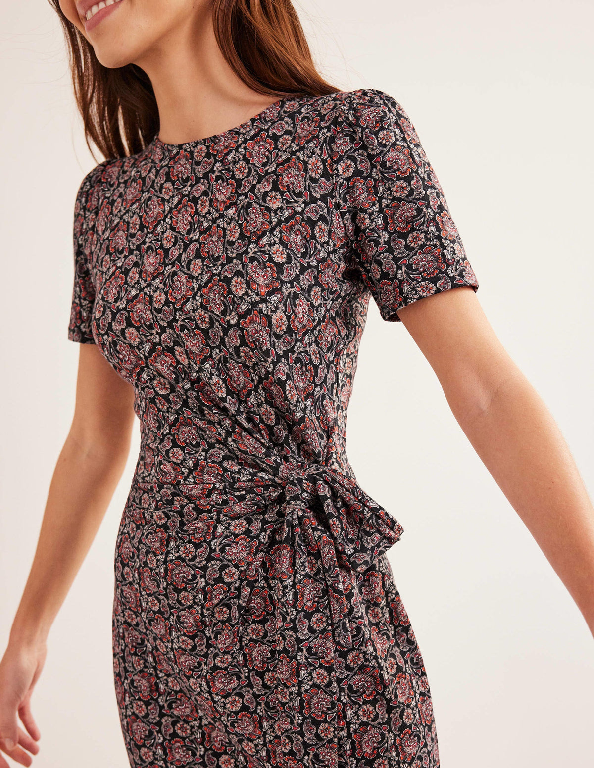 Knot Front Jersey Midi Dress-Black, Block Paisley-2