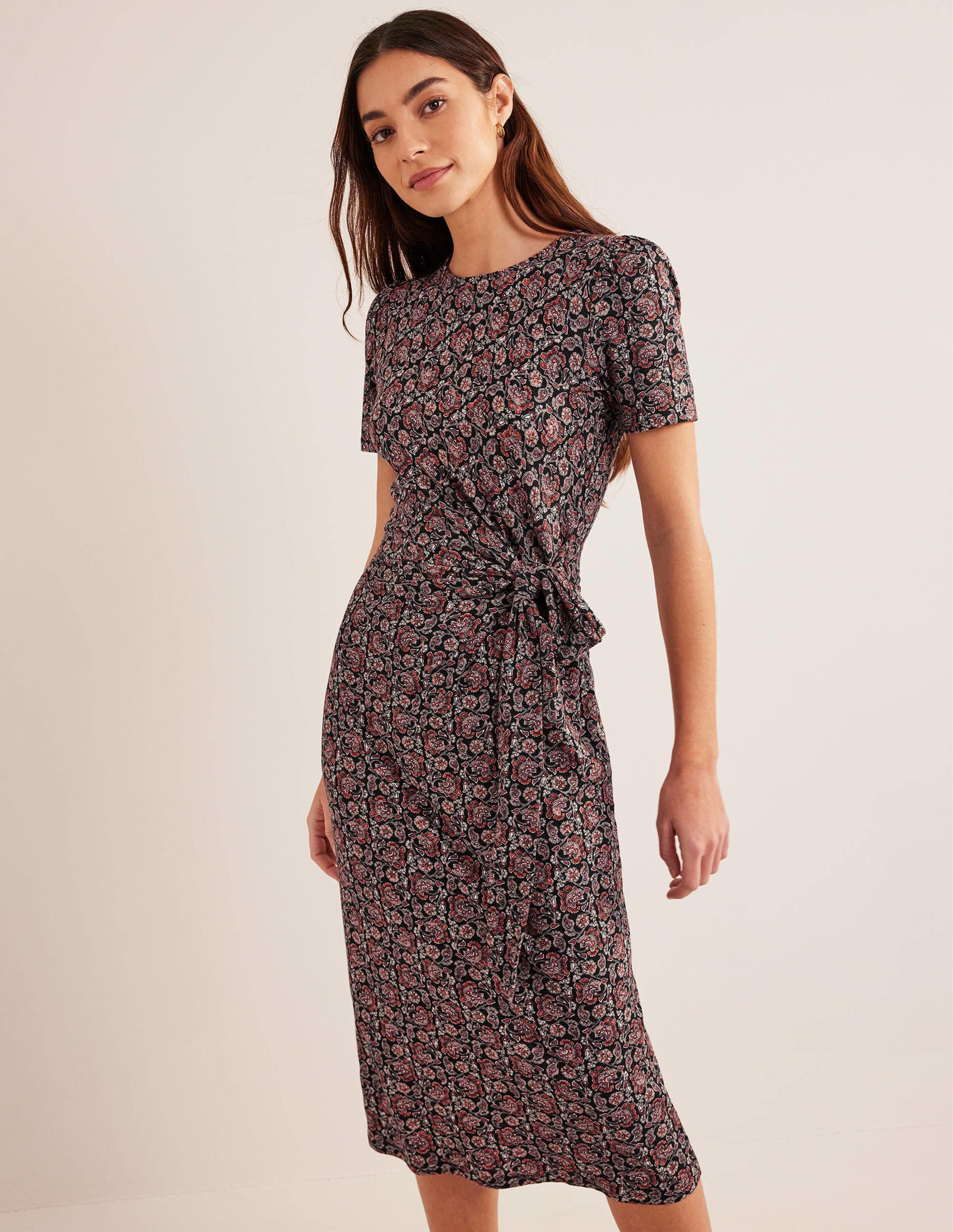 Knot Front Jersey Midi Dress-Black, Block Paisley - Image 4