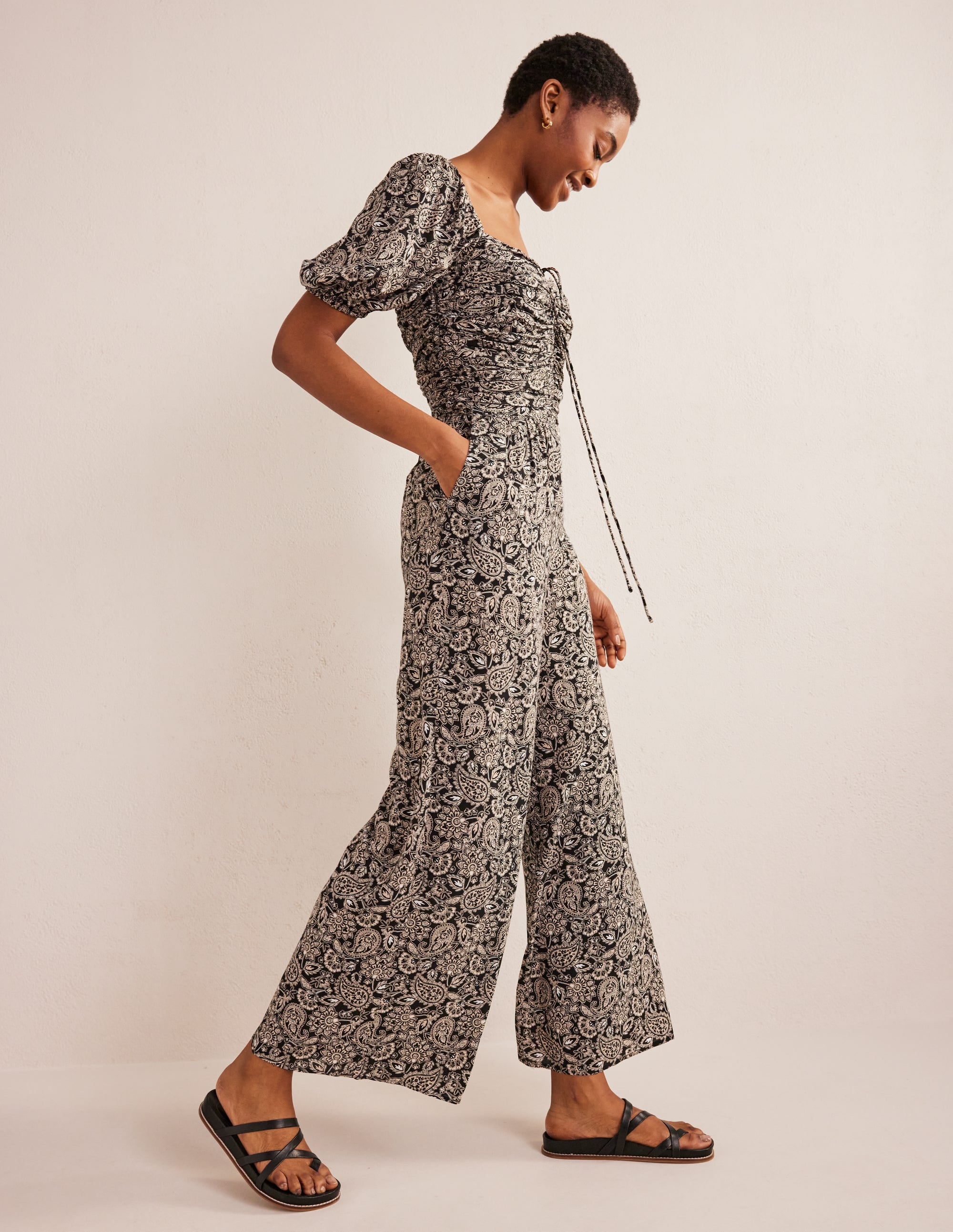 Tie Neck Keyhole Jumpsuit-Black, Paisley Terrace - Image 1