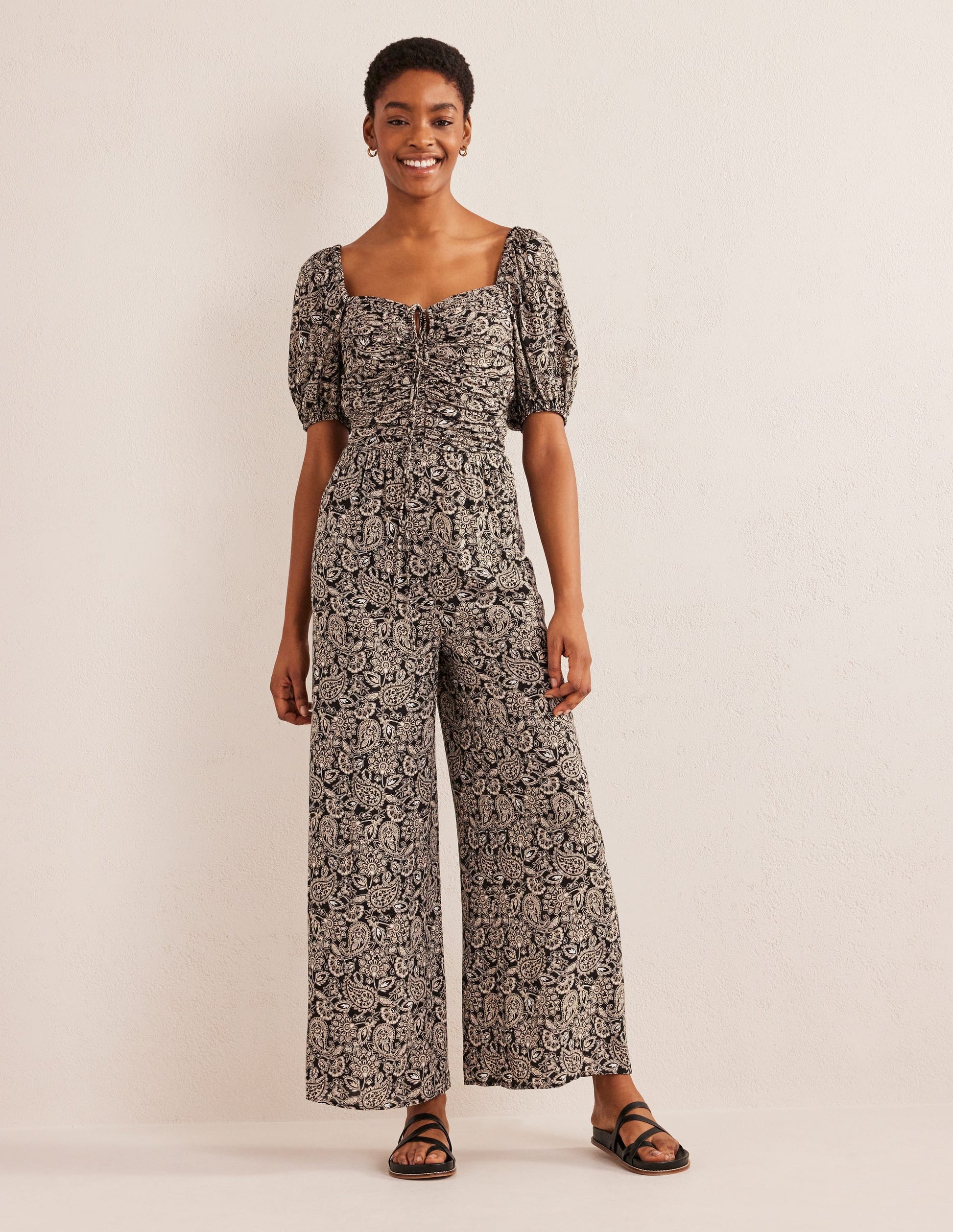 Tie Neck Keyhole Jumpsuit-Black, Paisley Terrace-2