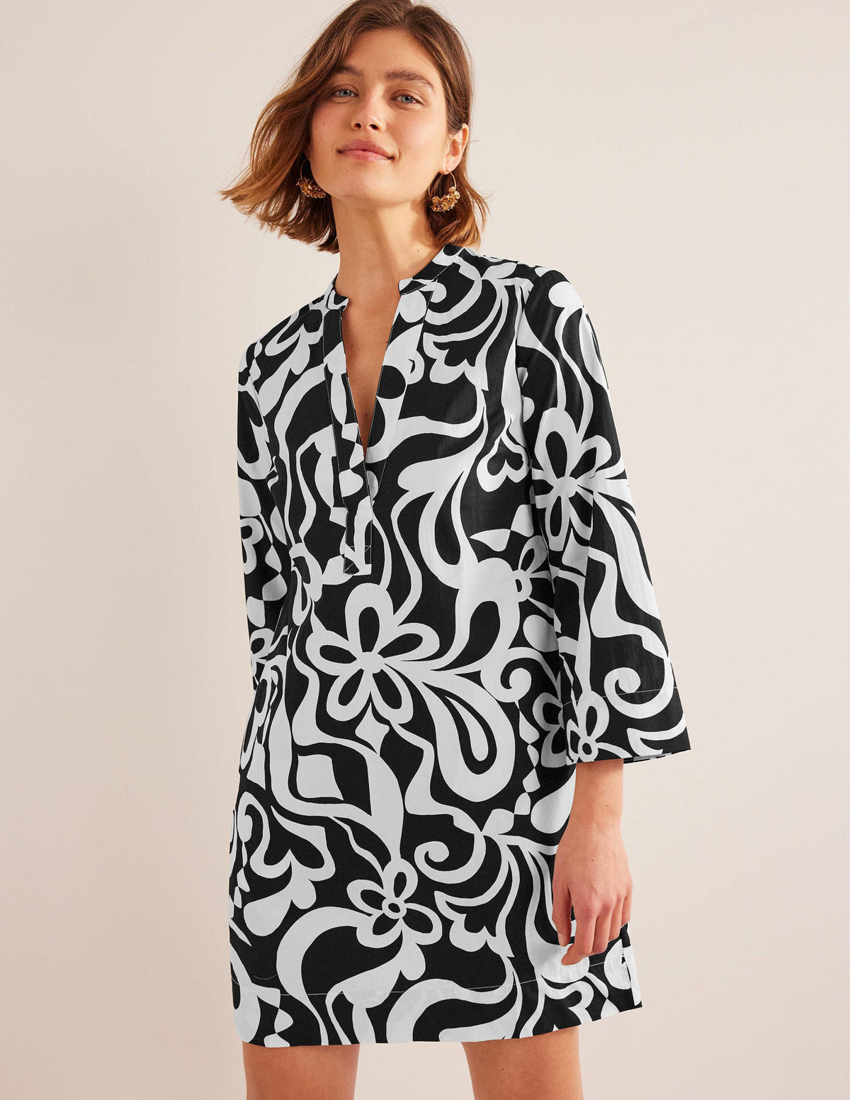 Notch Neck Mini Shift Dress-Black, Bloom Azure - Image 1
