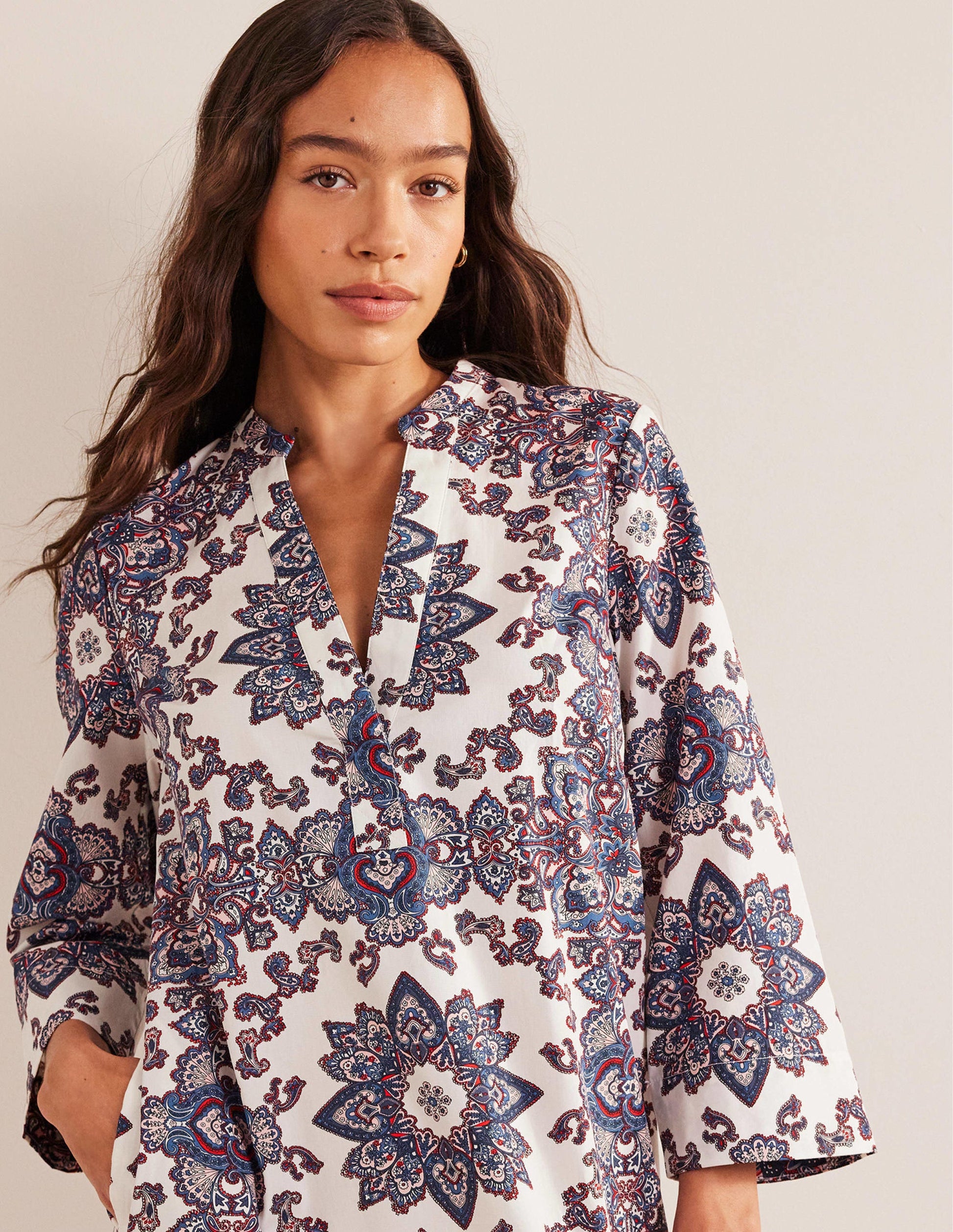 Notch Neck Mini Shift Dress-Ivory, Paradise Paisley-2