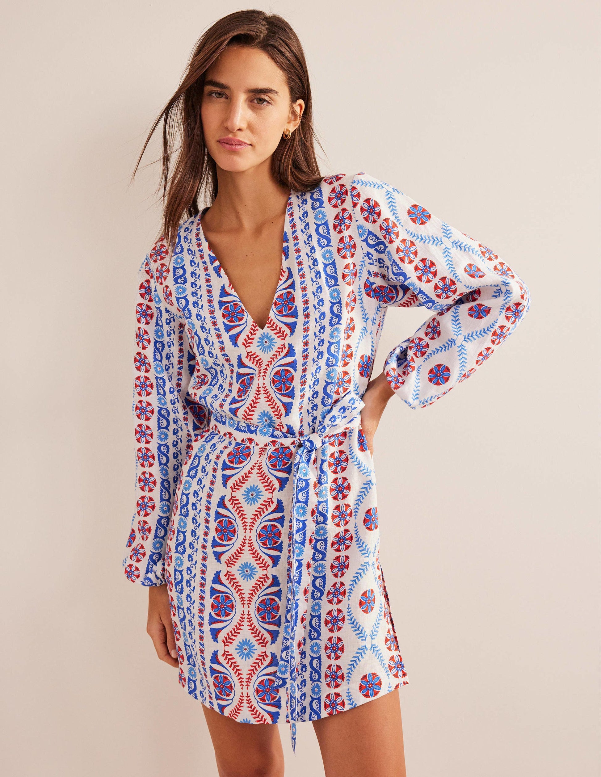 V-Neck Tie Waist Mini Kaftan-Meadow Spring, Opulent Stripe-4