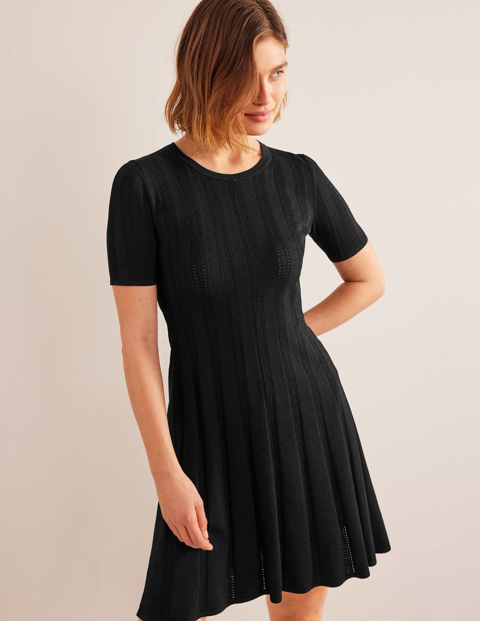 Flared Stitch Mini Dress-Black-1