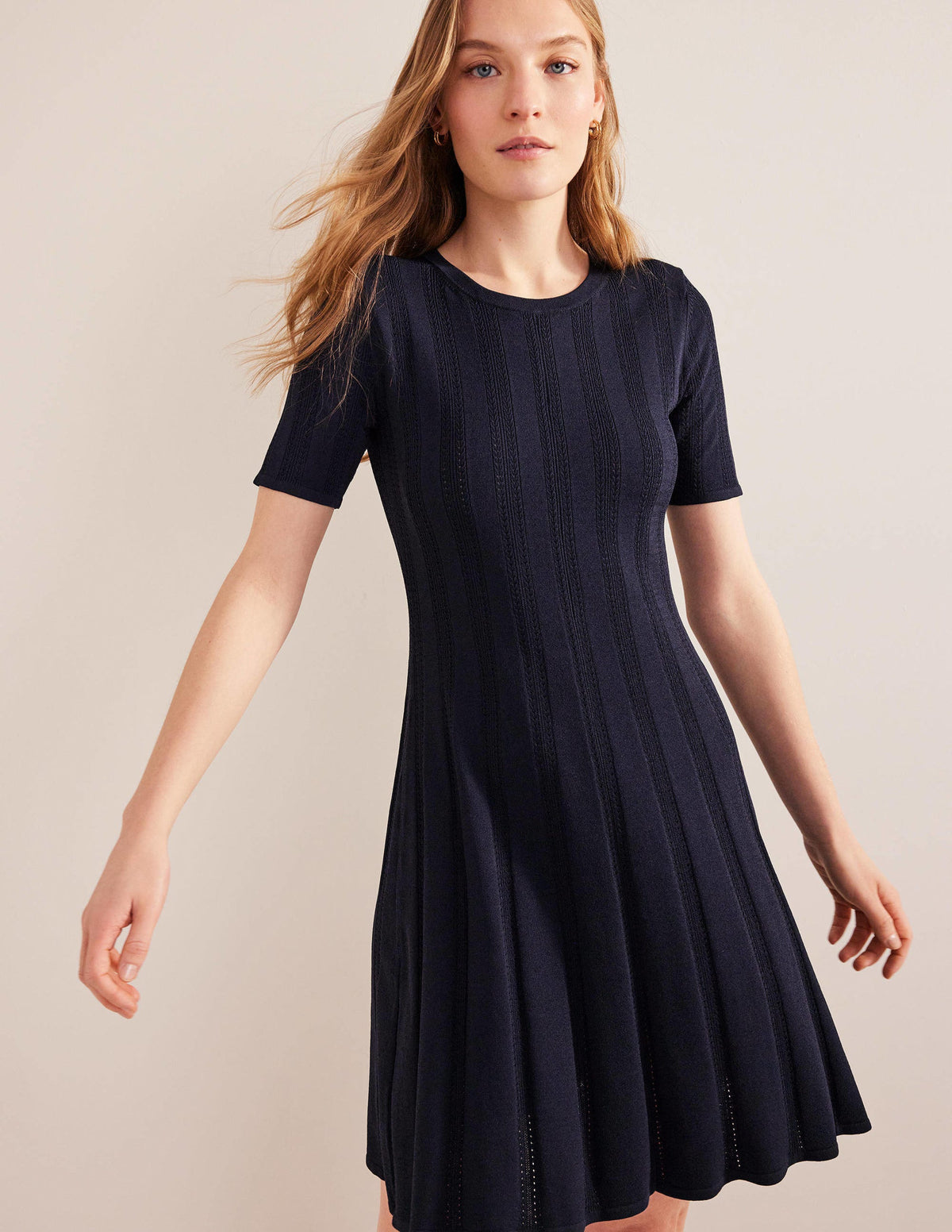 Flared Stitch Mini Dress-Navy - Image 1