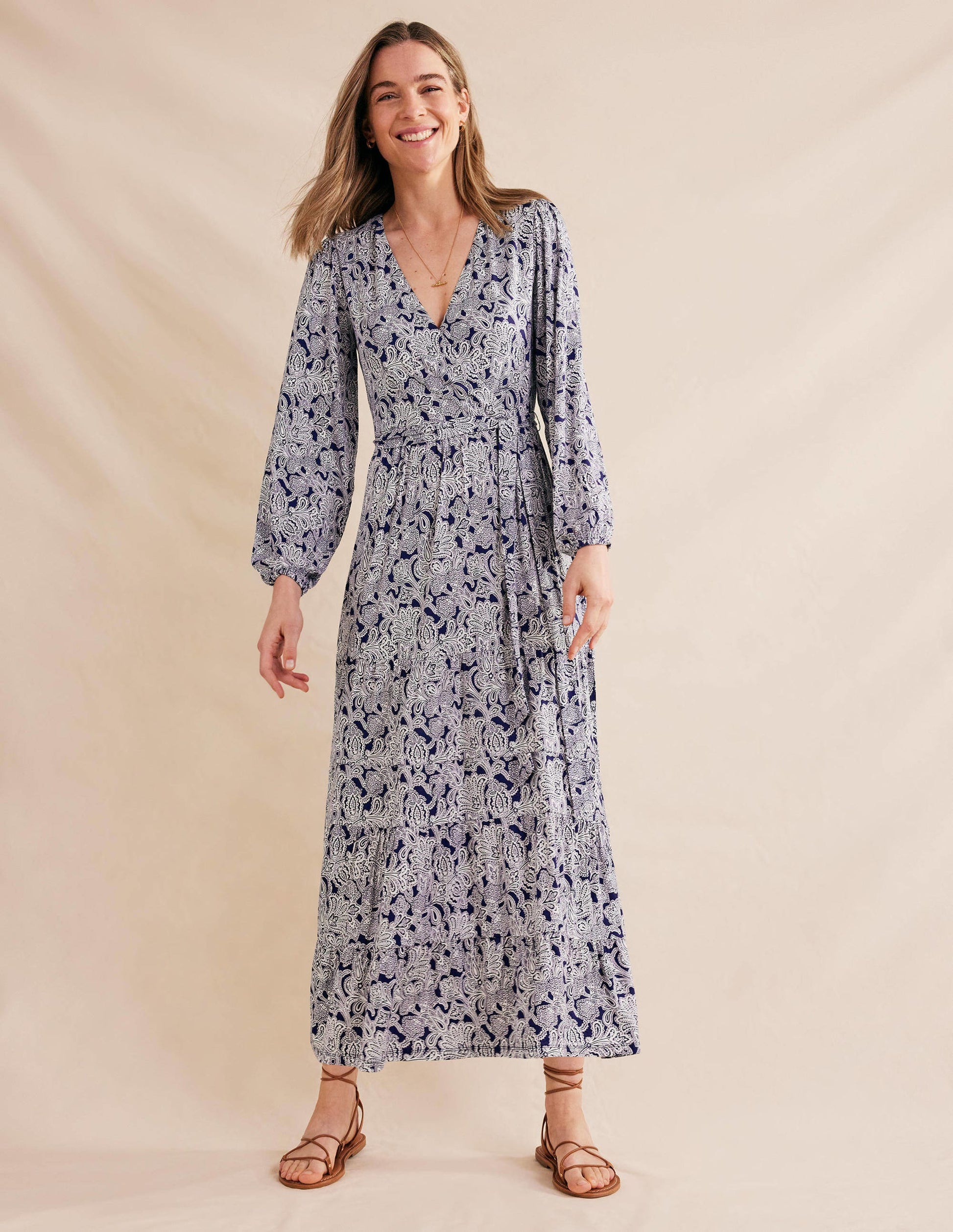 Multi Tiered Wrap Maxi Dress-Prussian Blue, Paisley Bud-1