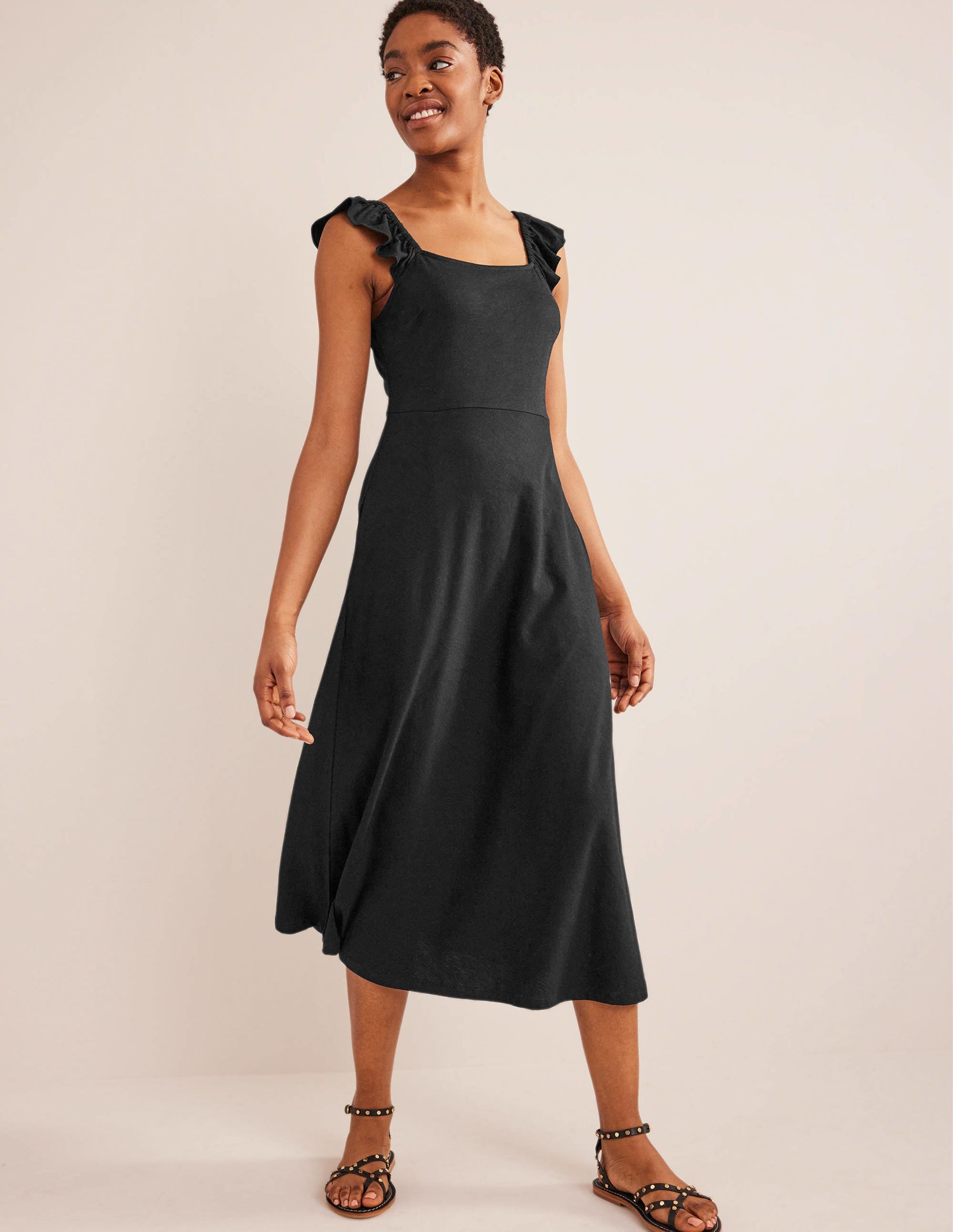 Frill Detail Jersey Midi Dress-Black - Image 1