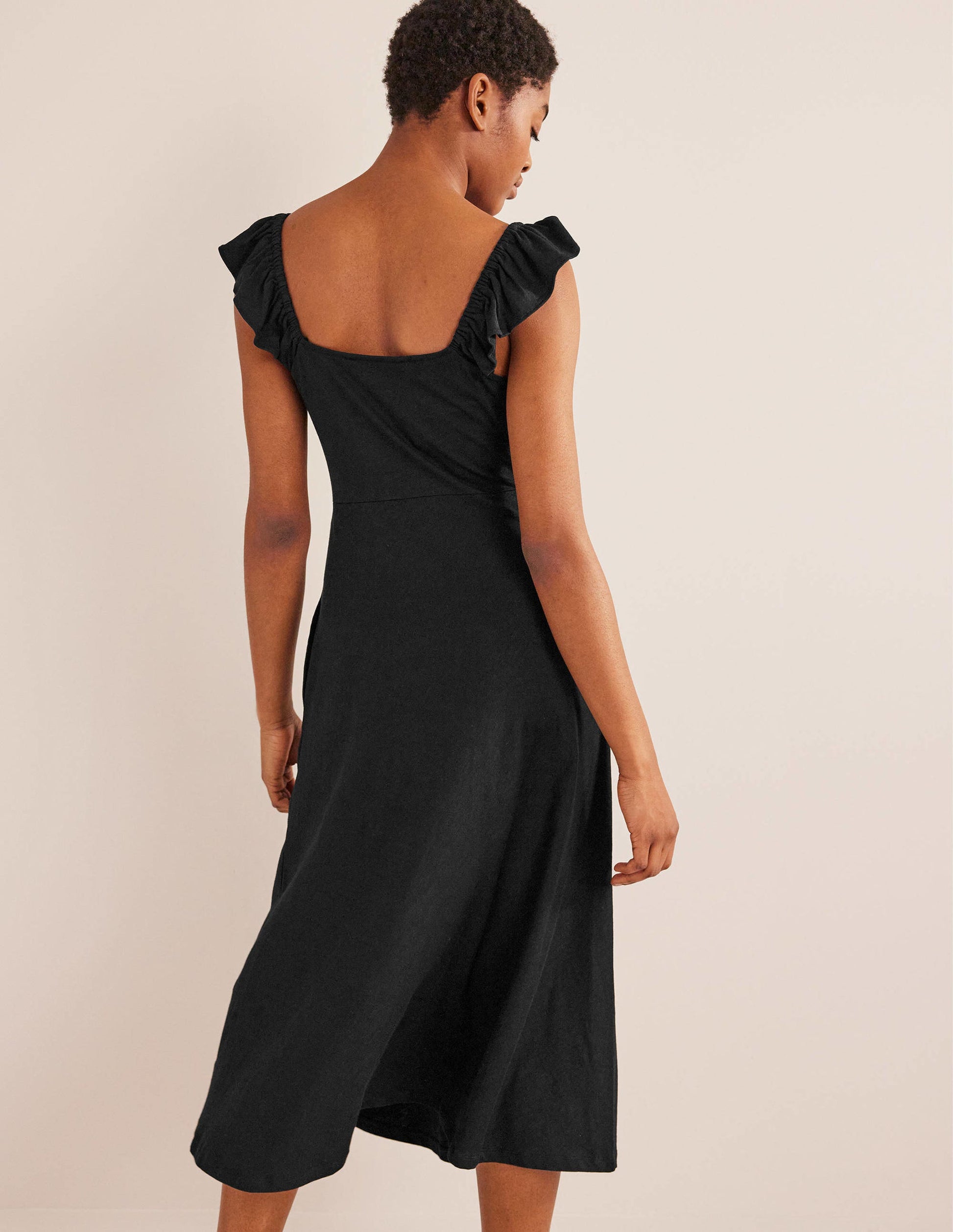 Frill Detail Jersey Midi Dress-Black-3