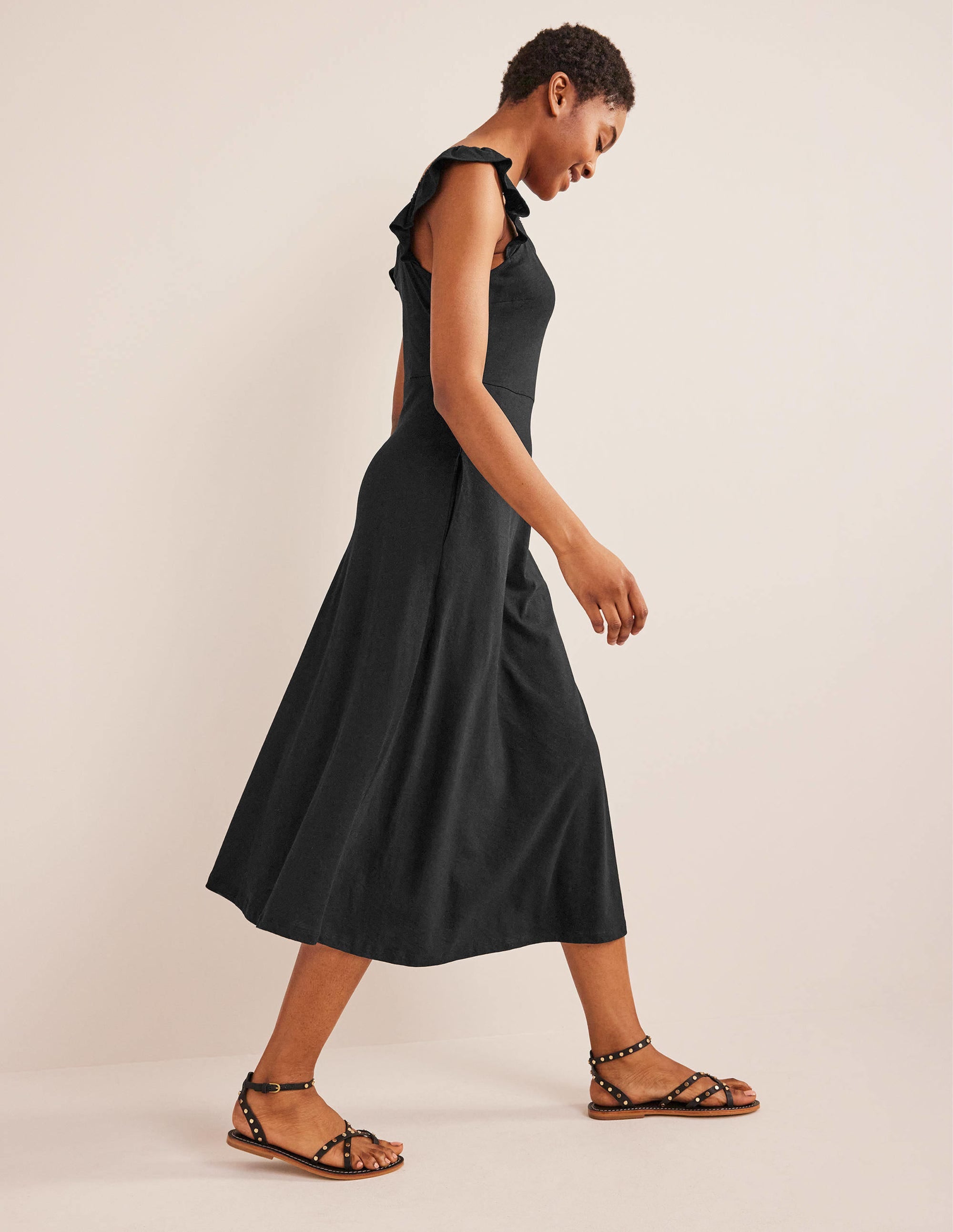 Frill Detail Jersey Midi Dress-Black - Image 4