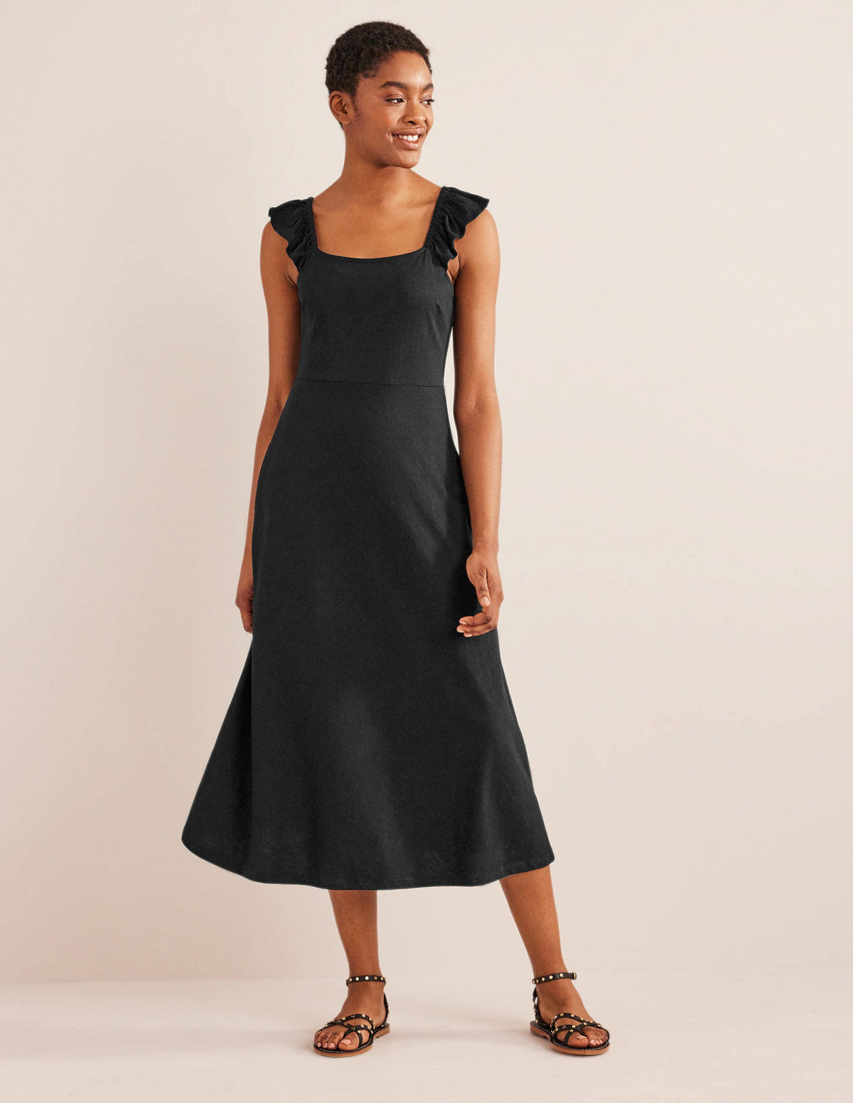 Frill Detail Jersey Midi Dress-Black-5