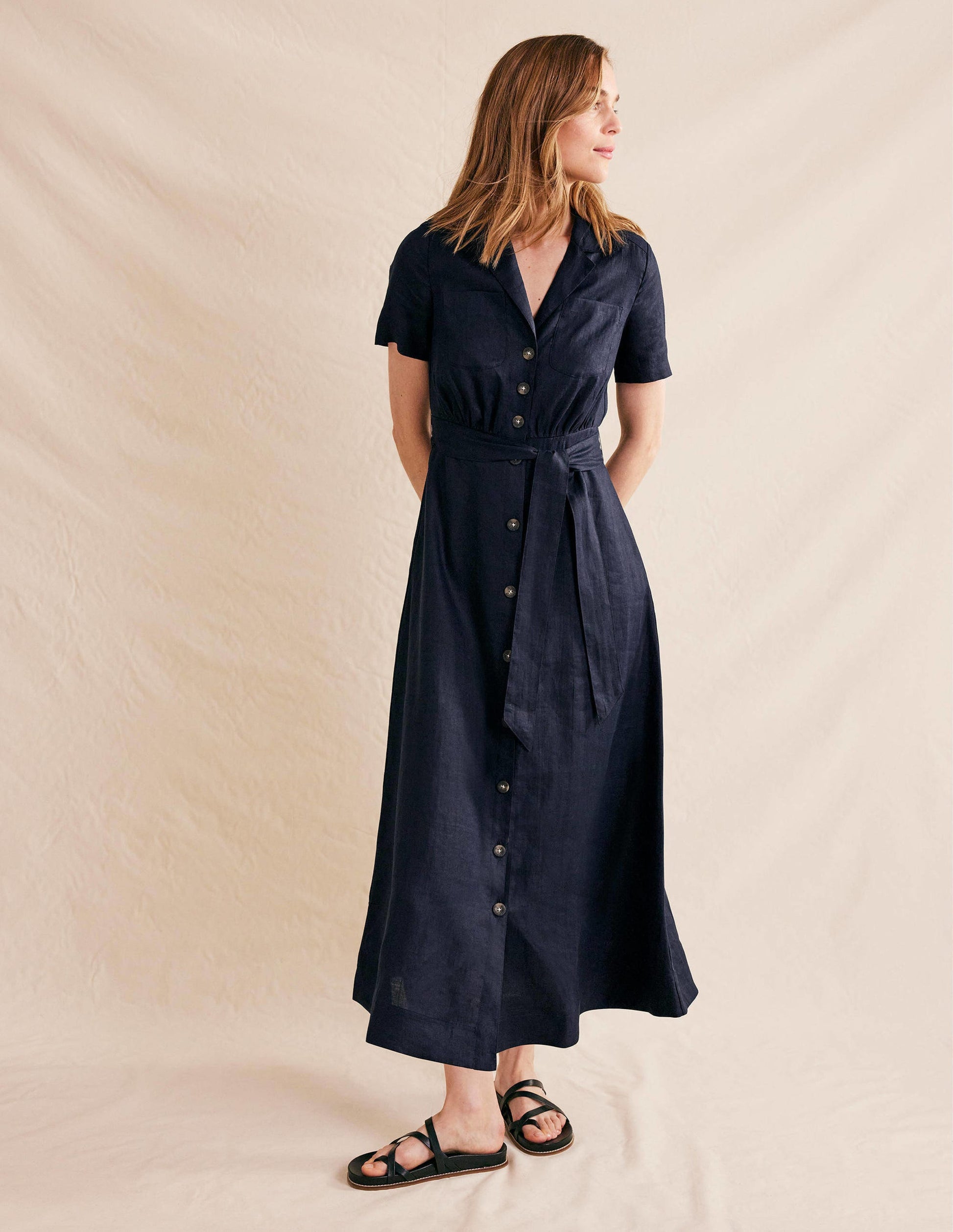 Linen Maxi Shirt Dress-Navy-1