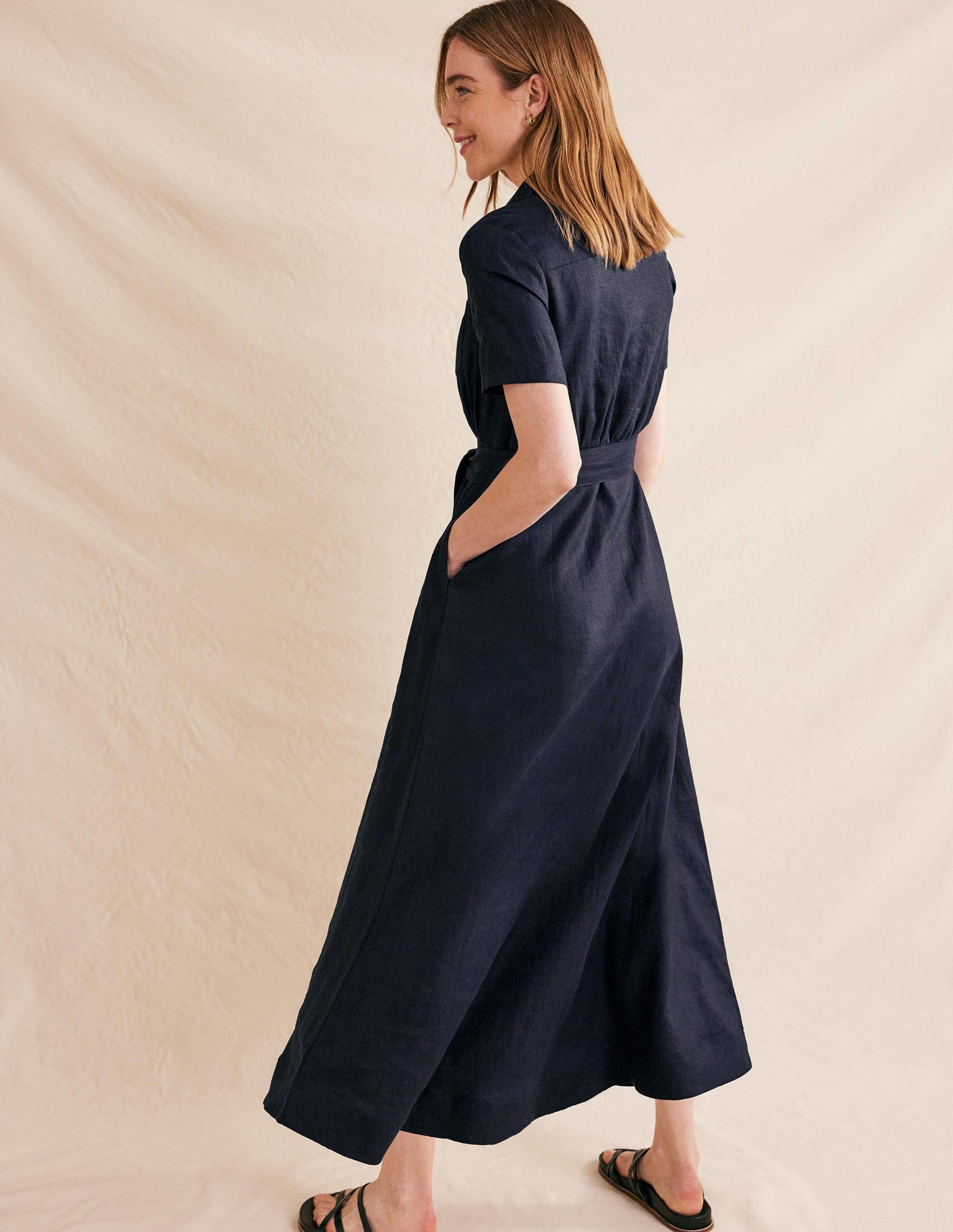 Linen Maxi Shirt Dress-Navy-3