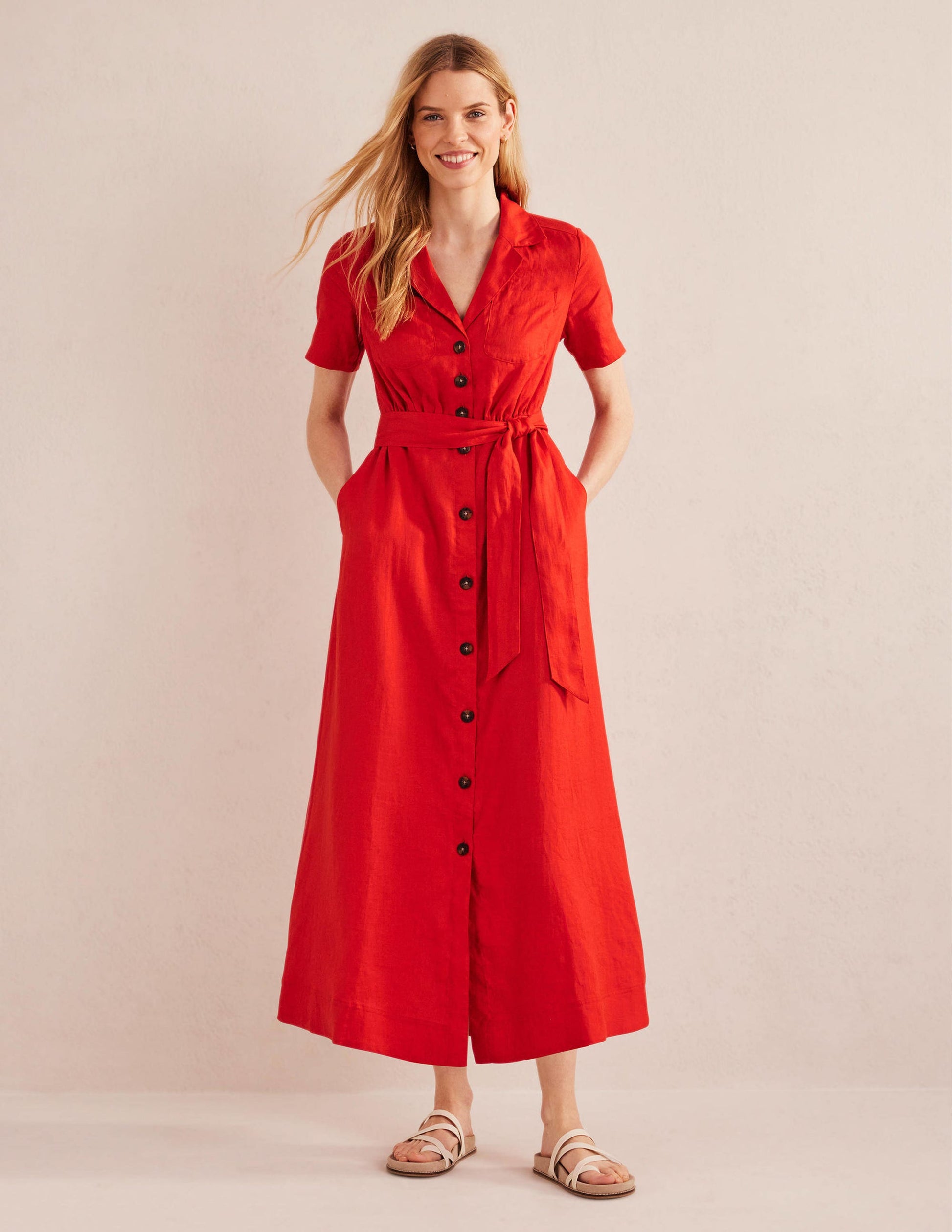 Linen Maxi Shirt Dress-Vermillion-1